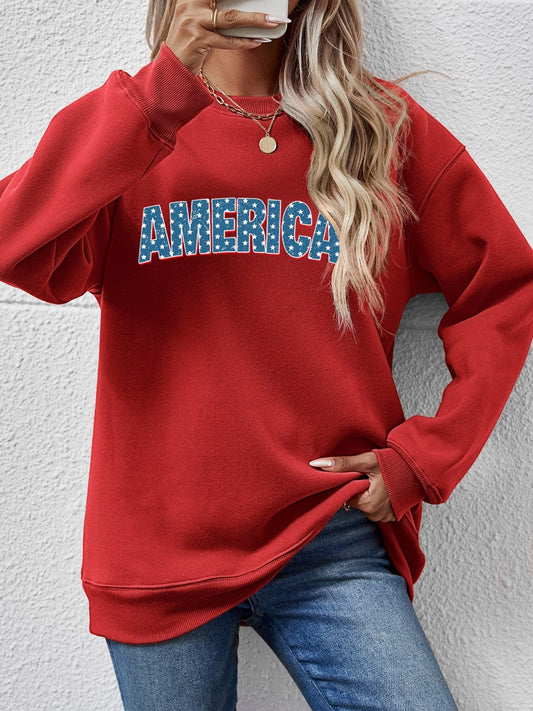Trendsi Deep Red / S AMERICA Round Neck Dropped Shoulder Sweatshirt AMERICA Round Neck Dropped Shoulder Sweatshirt