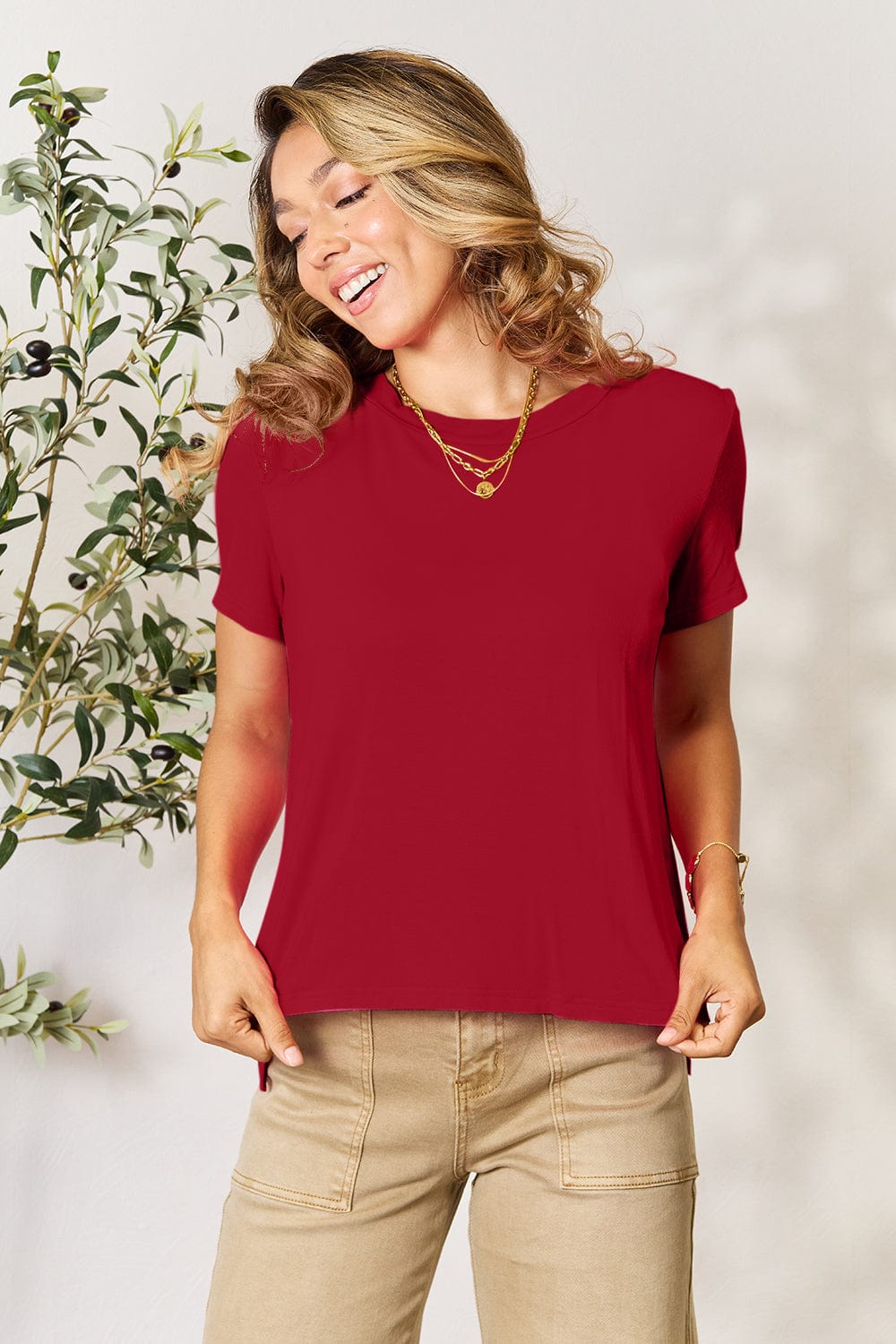 Trendsi Deep Red / S Basic Bae Full Size Round Neck Short Sleeve T-Shirt Basic Bae Full Size Round Neck Short Sleeve T-Shirt