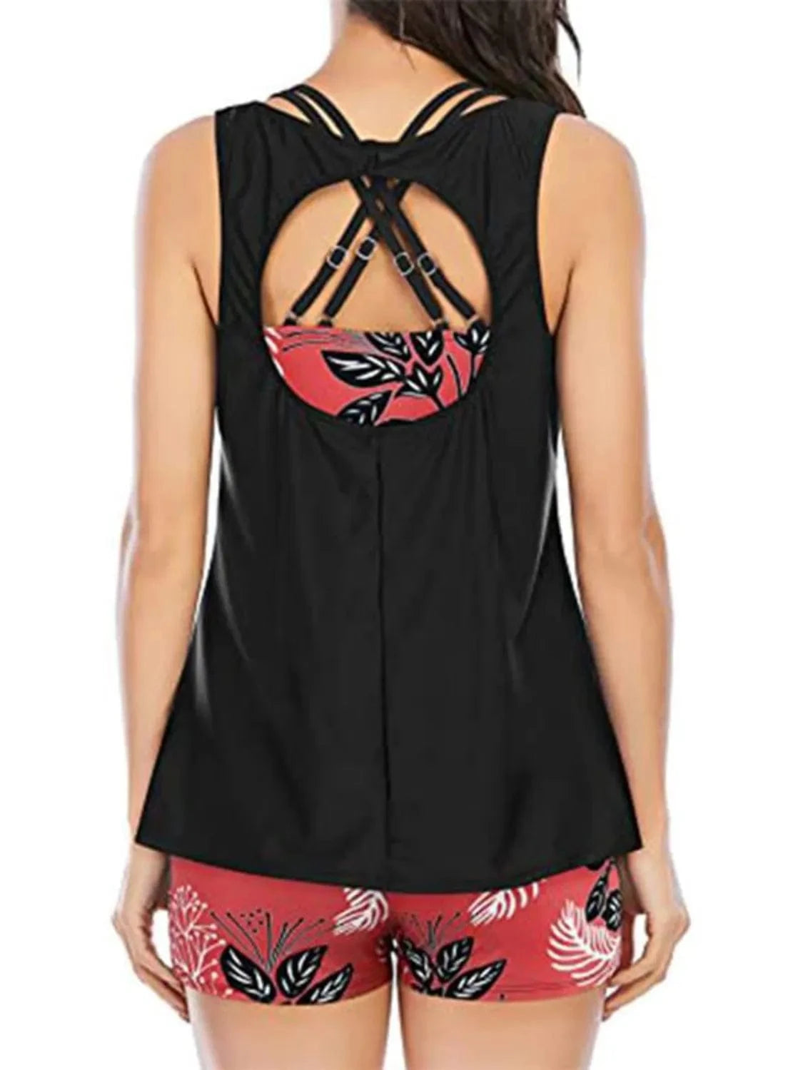 Trendsi Deep Red / S Cutout Printed Round Neck Three-Piece Swim Set Cutout Printed Round Neck Three-Piece Swim Set