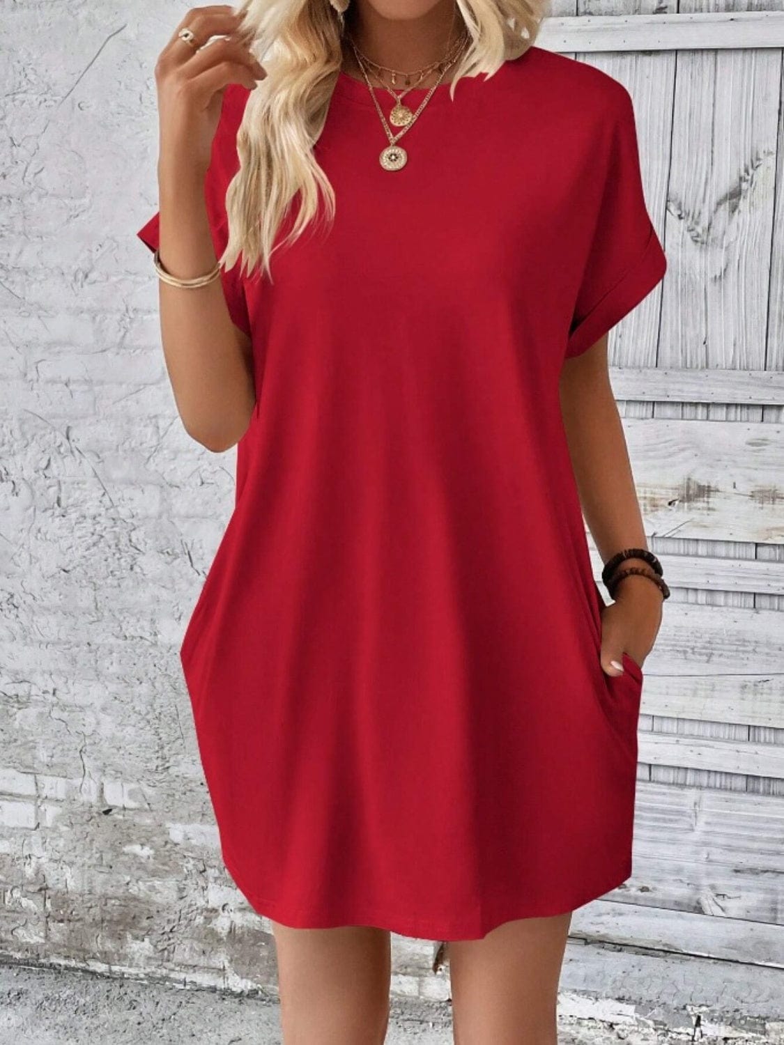 Trendsi Deep Red / S Pocketed Round Neck Short Sleeve Dress Pocketed Round Neck Short Sleeve Dress