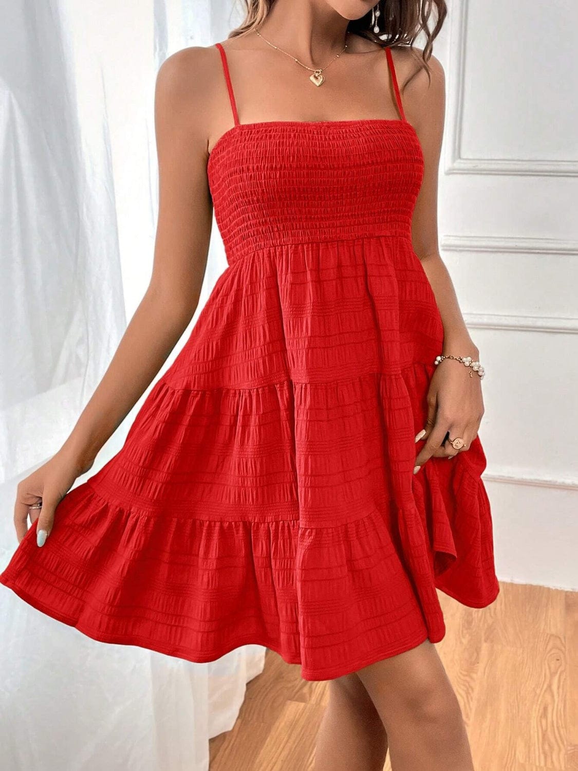 Trendsi Deep Red / S Smocked Tiered Sleeveless Mini Dress Smocked Tiered Sleeveless Mini Dress