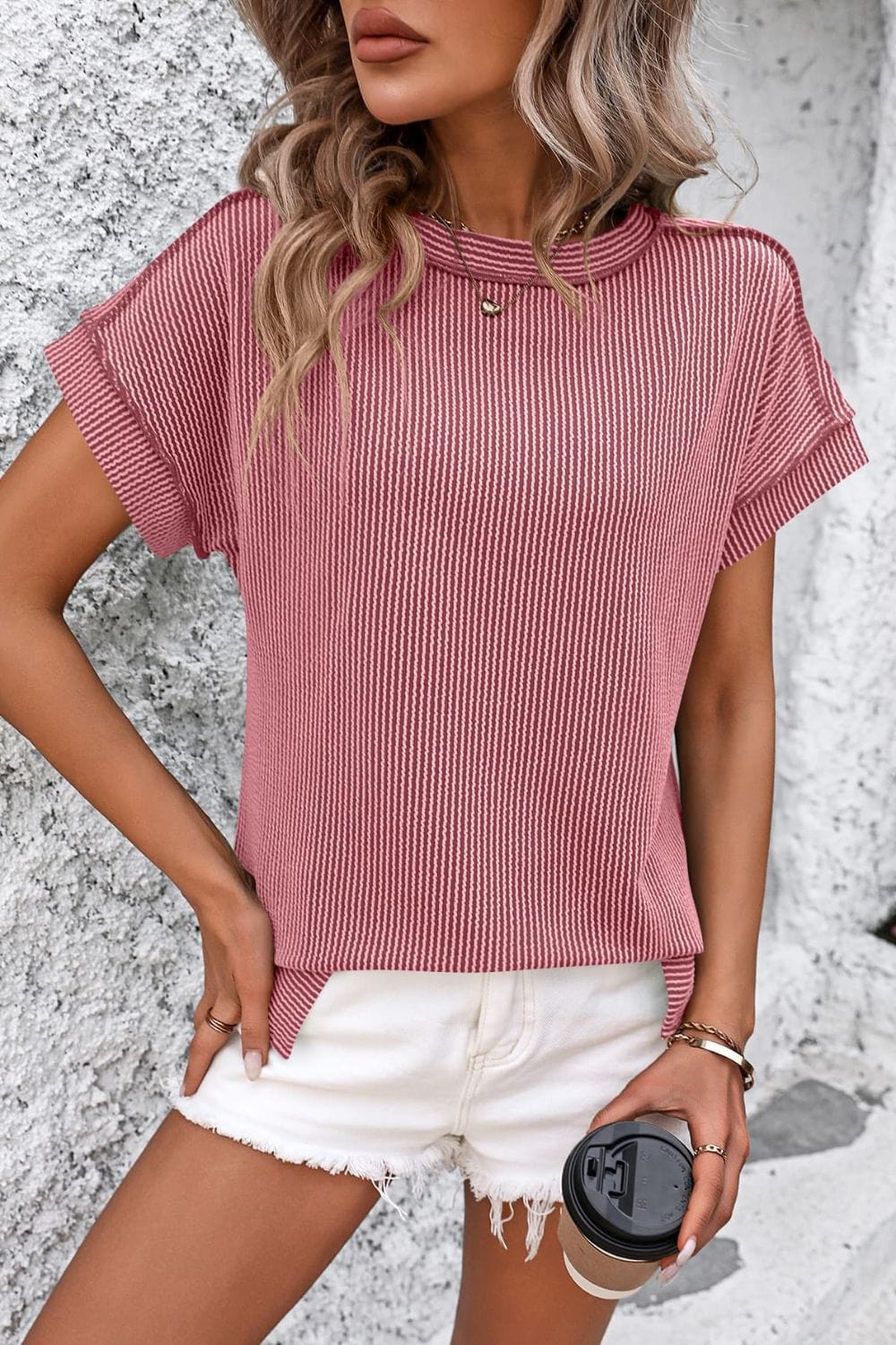 Trendsi Deep Rose / S Striped Round Neck Short Sleeve T-Shirt Striped Round Neck Short Sleeve T-Shirt
