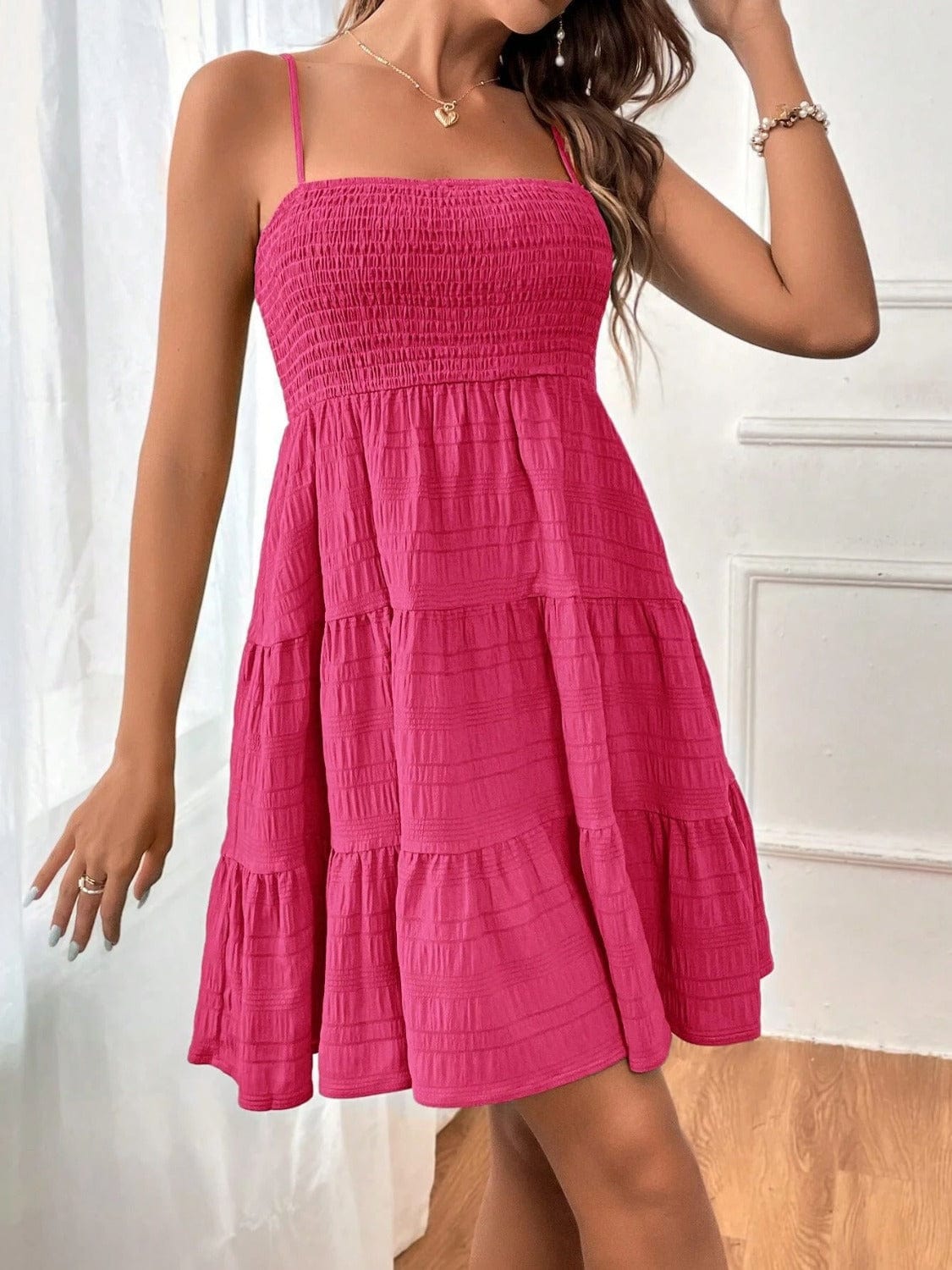 Trendsi Deep Rose / S Tiered Smocked Square Neck Cami Dress Tiered Smocked Square Neck Cami Dress