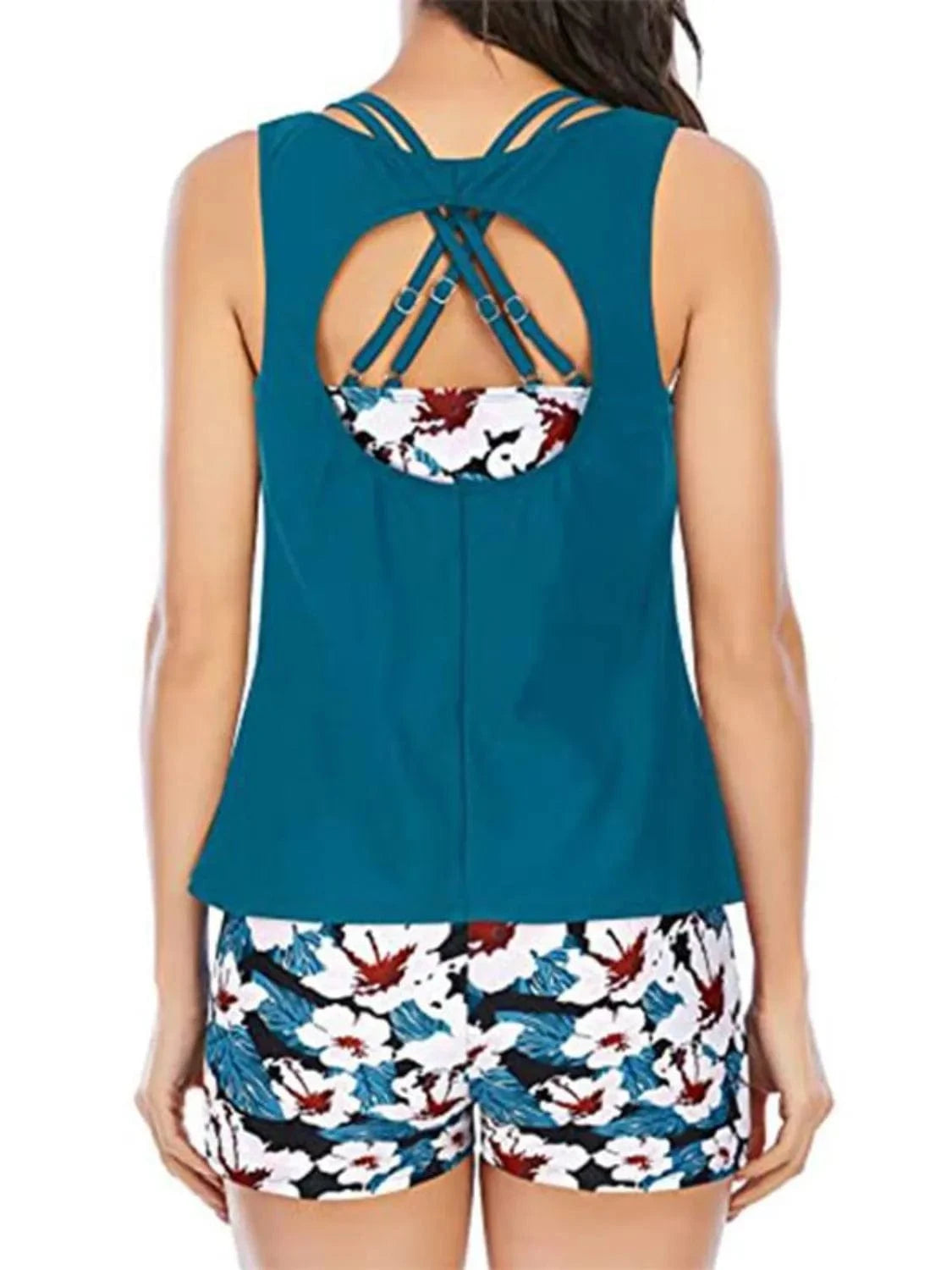 Trendsi Deep Teal / S Cutout Printed Round Neck Three-Piece Swim Set Cutout Printed Round Neck Three-Piece Swim Set