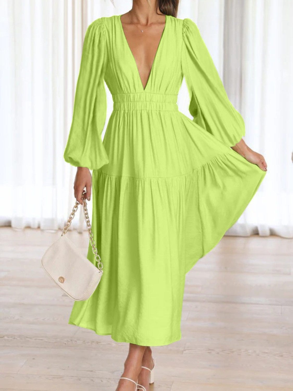 Trendsi Deep V-Neck Balloon Sleeve Plain Maxi Dress Deep V-Neck Balloon Sleeve Plain Maxi Dress