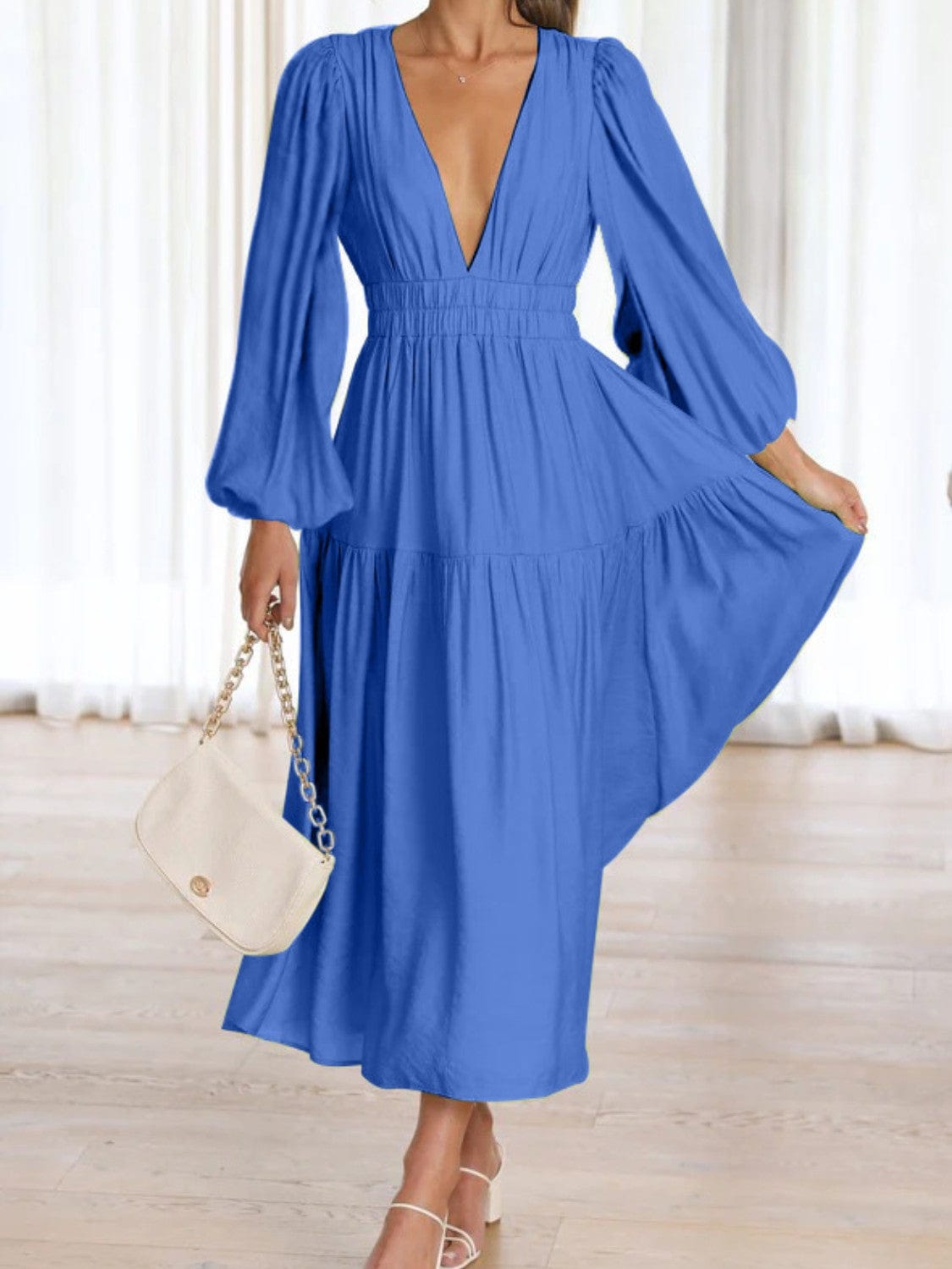 Trendsi Deep V-Neck Balloon Sleeve Plain Maxi Dress Deep V-Neck Balloon Sleeve Plain Maxi Dress