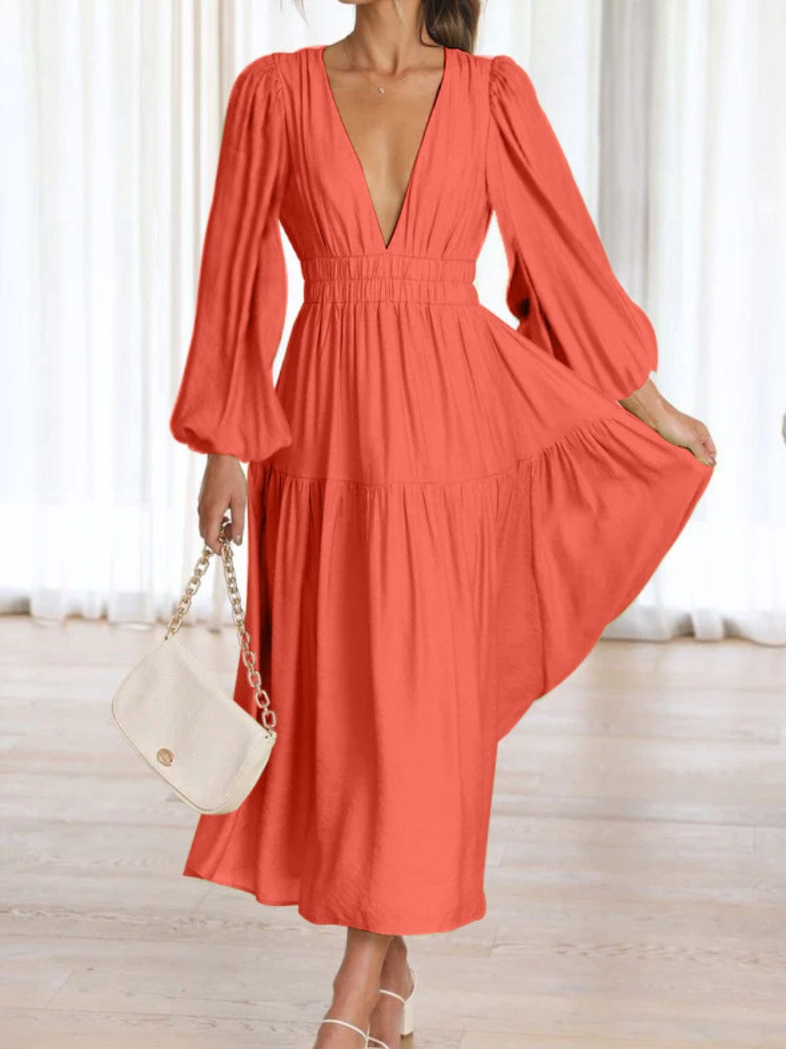 Trendsi Deep V-Neck Balloon Sleeve Plain Maxi Dress Deep V-Neck Balloon Sleeve Plain Maxi Dress