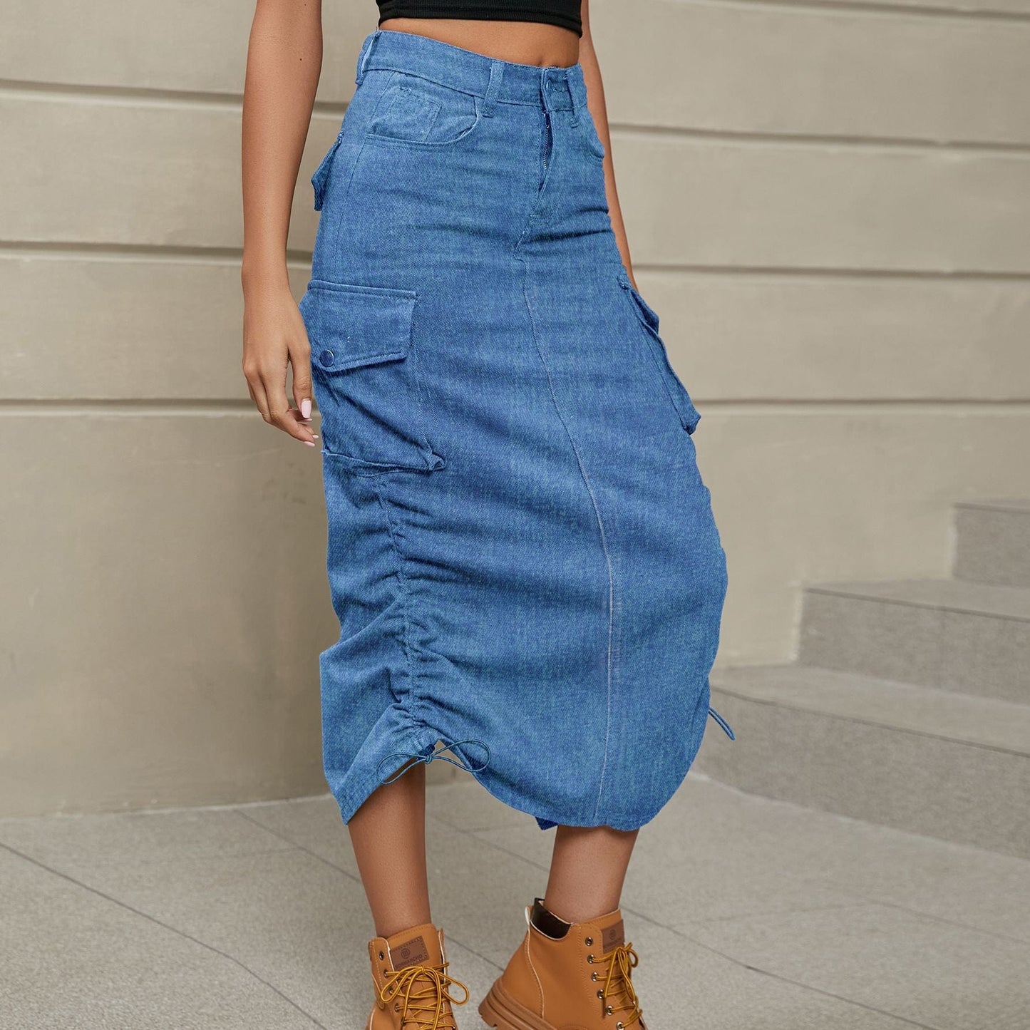 Trendsi Denim / S Drawstring Ruched Slit Denim Midi Skirt Drawstring Ruched Slit Denim Midi Skirt