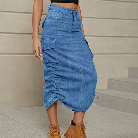Trendsi Denim / S Drawstring Ruched Slit Denim Midi Skirt Drawstring Ruched Slit Denim Midi Skirt