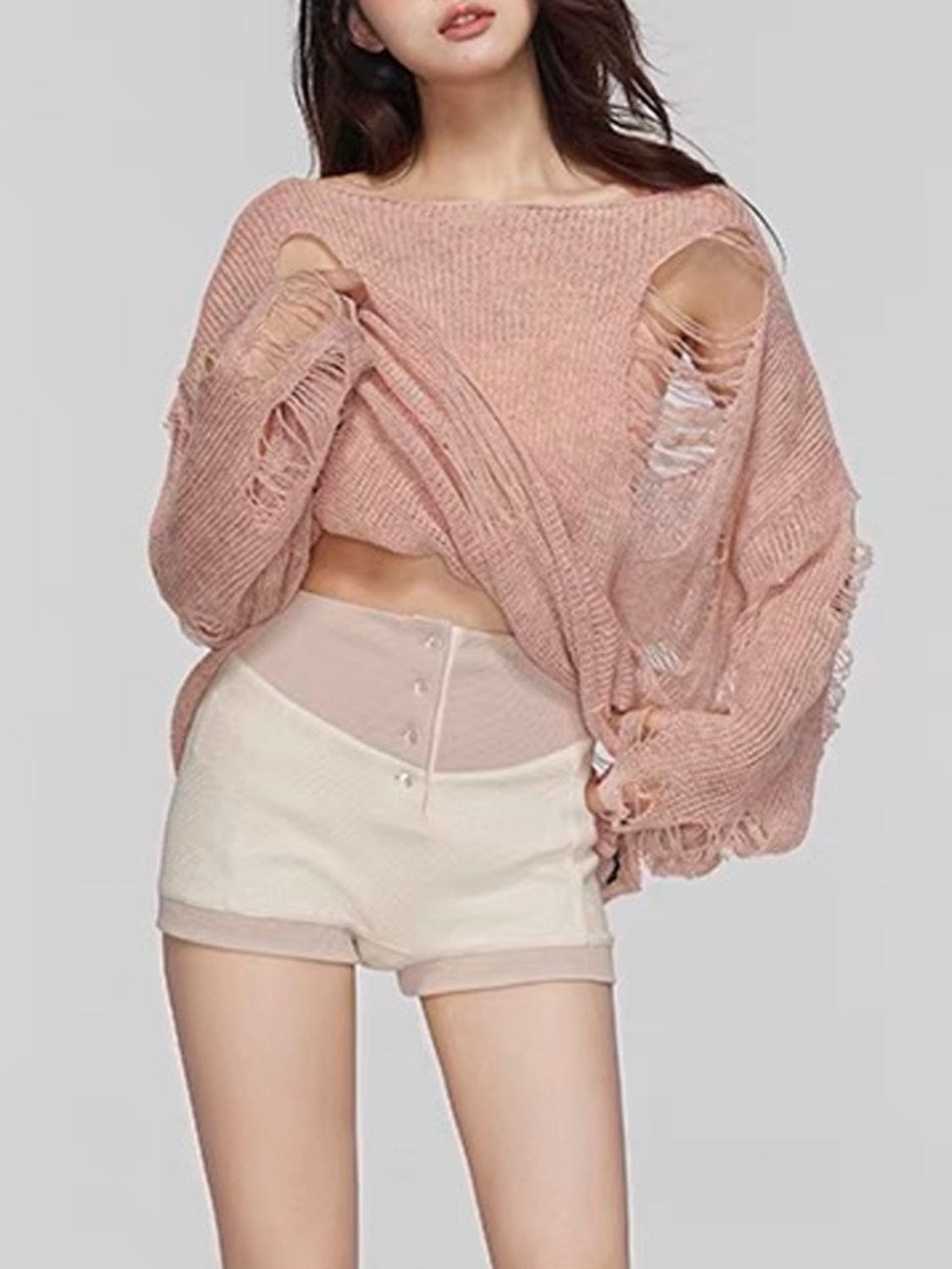 Trendsi Distressed Boat Neck Knit Cover Up Distressed Boat Neck Knit Cover Up