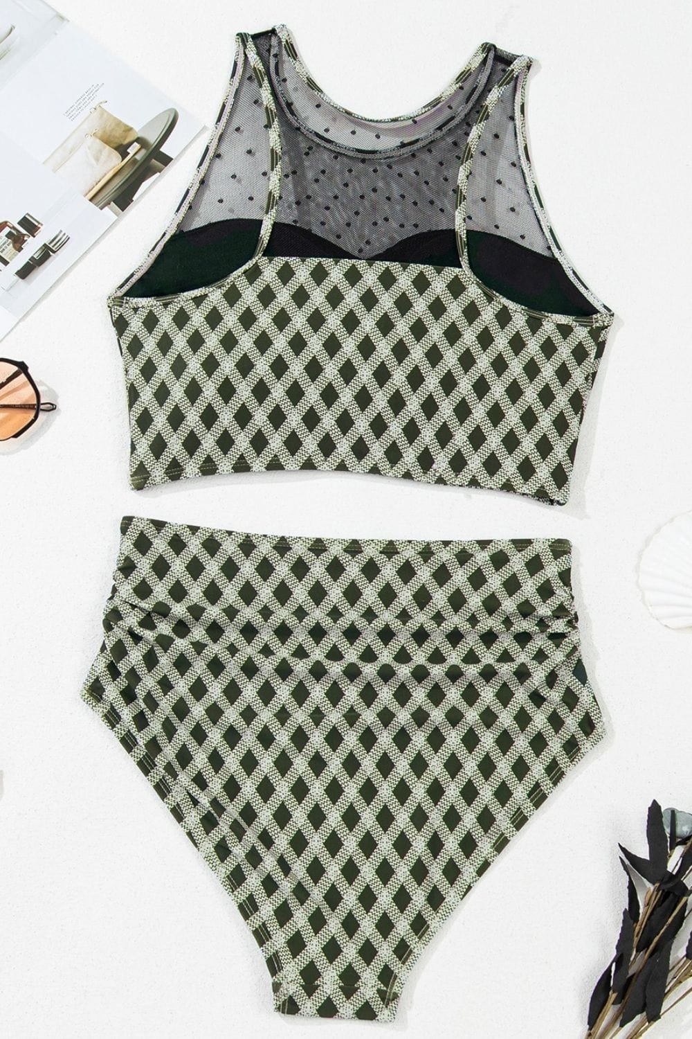 Trendsi Dotted Mesh Plaid Patchwork High Waisted Swim Set Dotted Mesh Plaid Patchwork High Waisted Swim Set