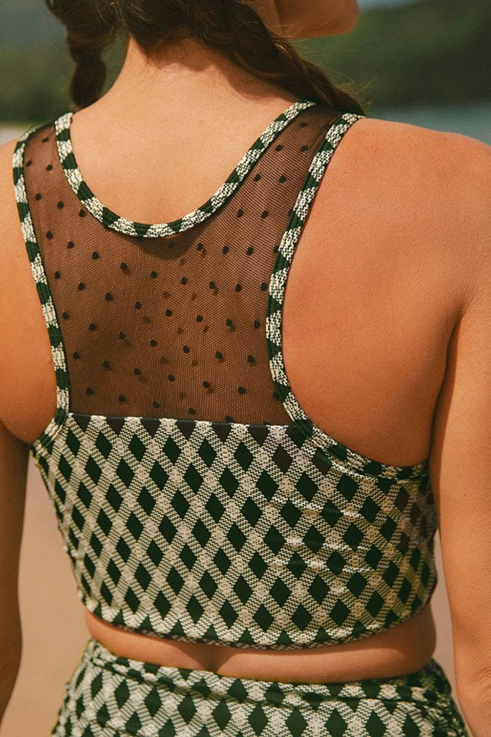 Trendsi Dotted Mesh Plaid Patchwork High Waisted Swim Set Dotted Mesh Plaid Patchwork High Waisted Swim Set