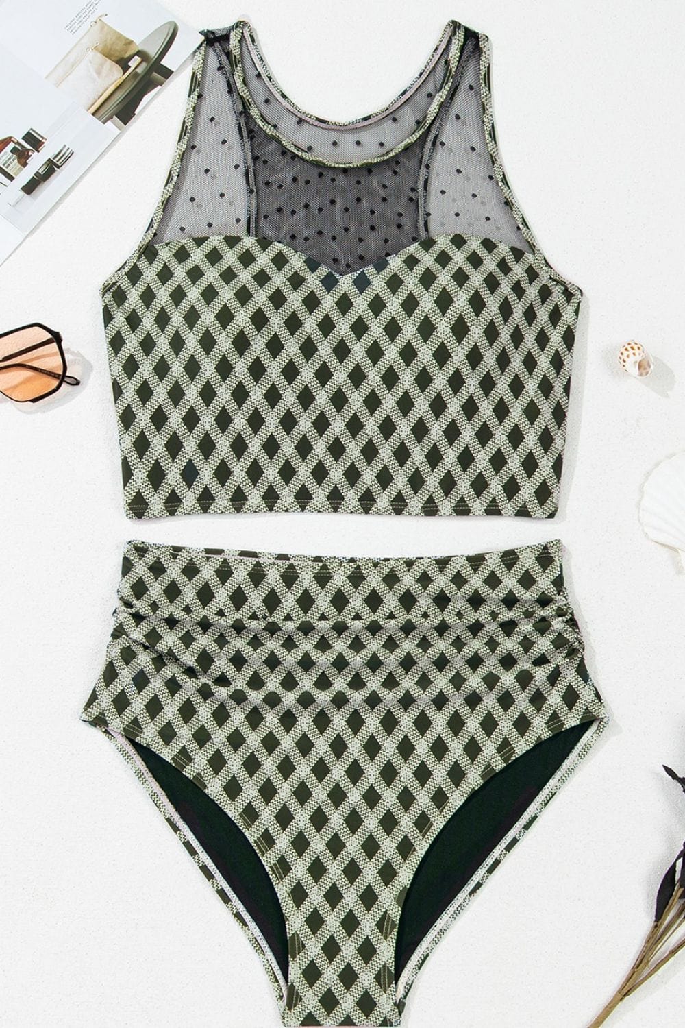 Trendsi Dotted Mesh Plaid Patchwork High Waisted Swim Set Dotted Mesh Plaid Patchwork High Waisted Swim Set
