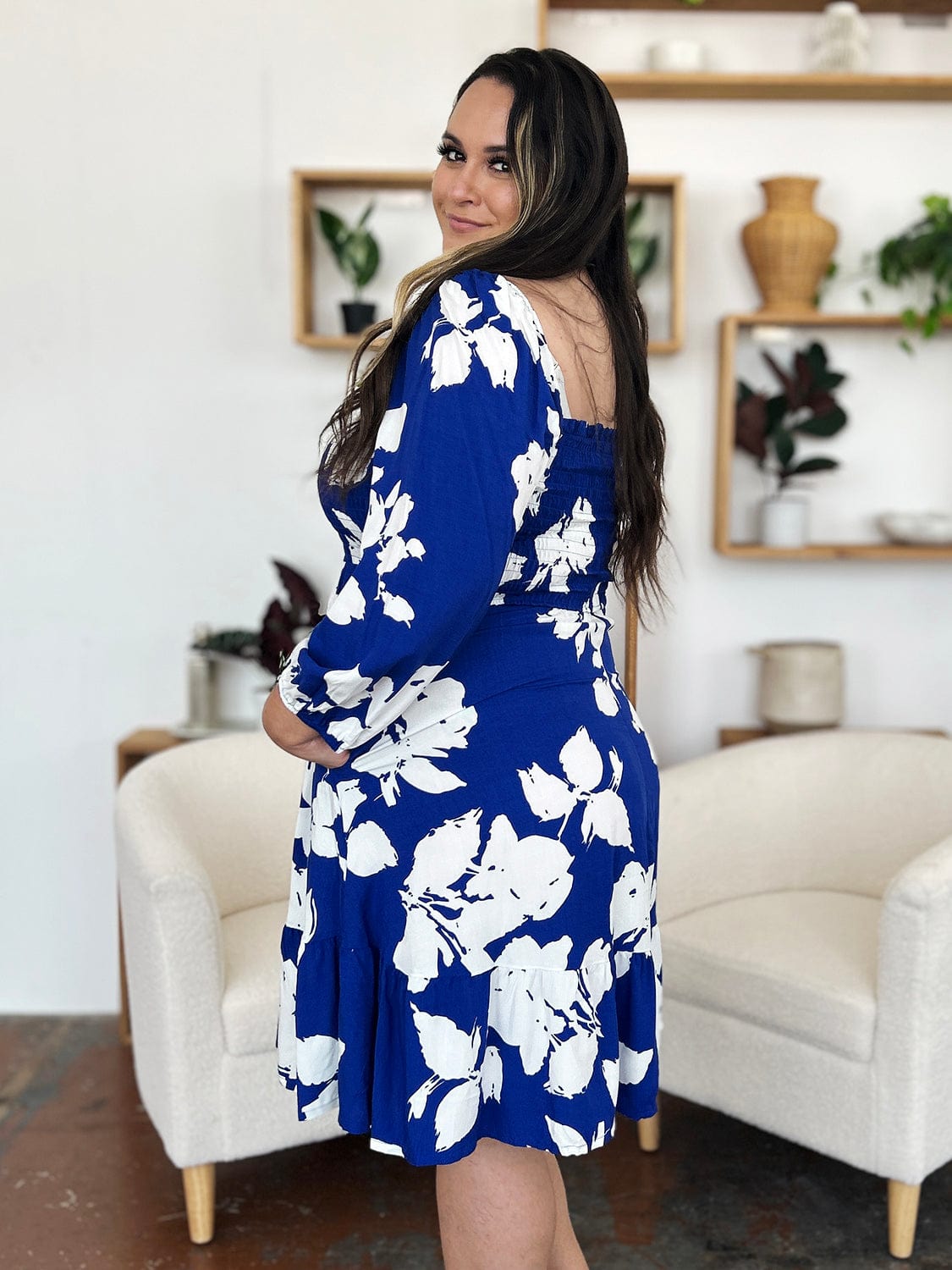 Trendsi Double Take Full Size Floral Ruffle Hem Smocked Dress with Pockets Double Take Full Size Floral Ruffle Hem Smocked Dress with Pockets