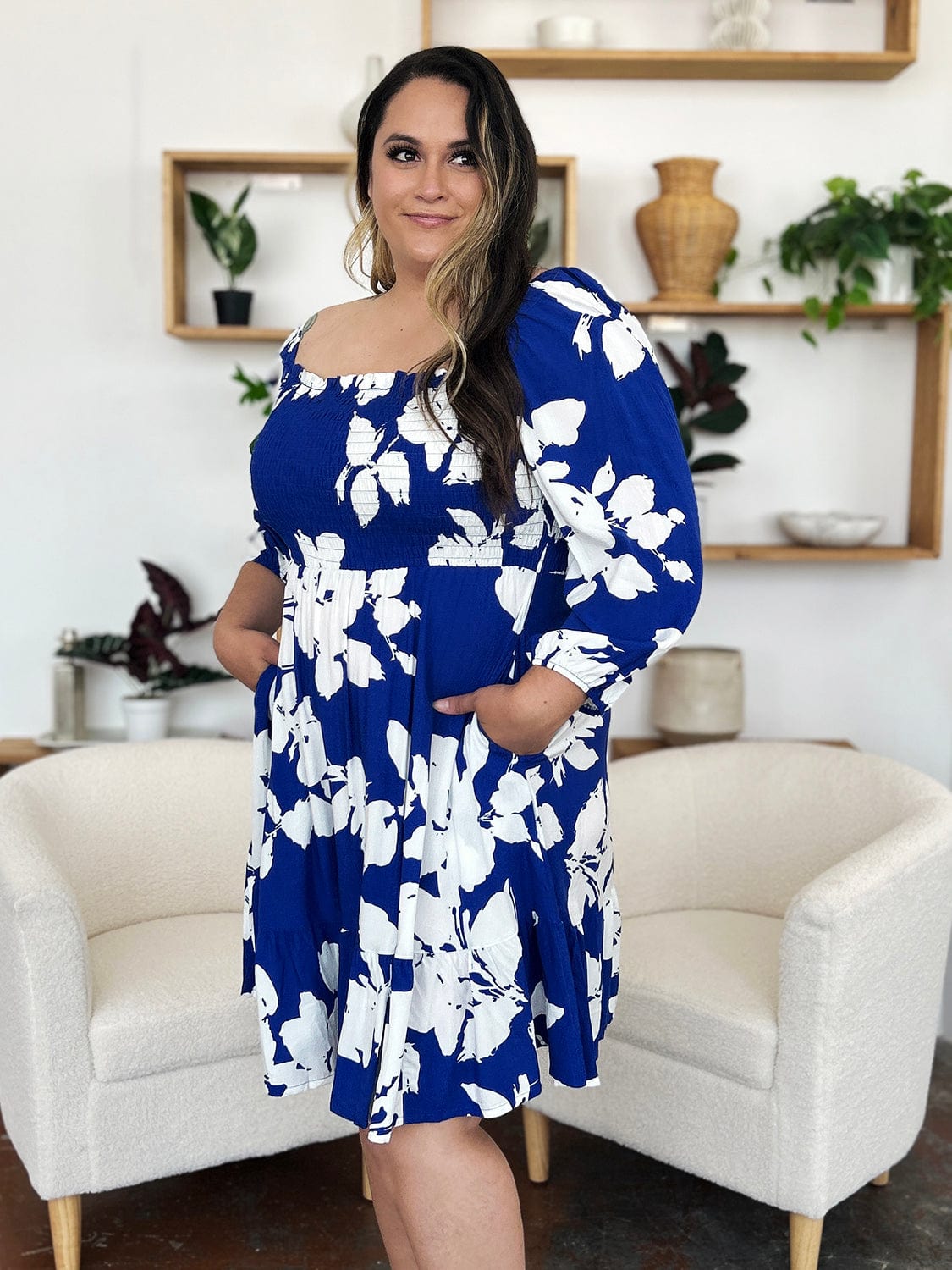 Trendsi Double Take Full Size Floral Ruffle Hem Smocked Dress with Pockets Double Take Full Size Floral Ruffle Hem Smocked Dress with Pockets