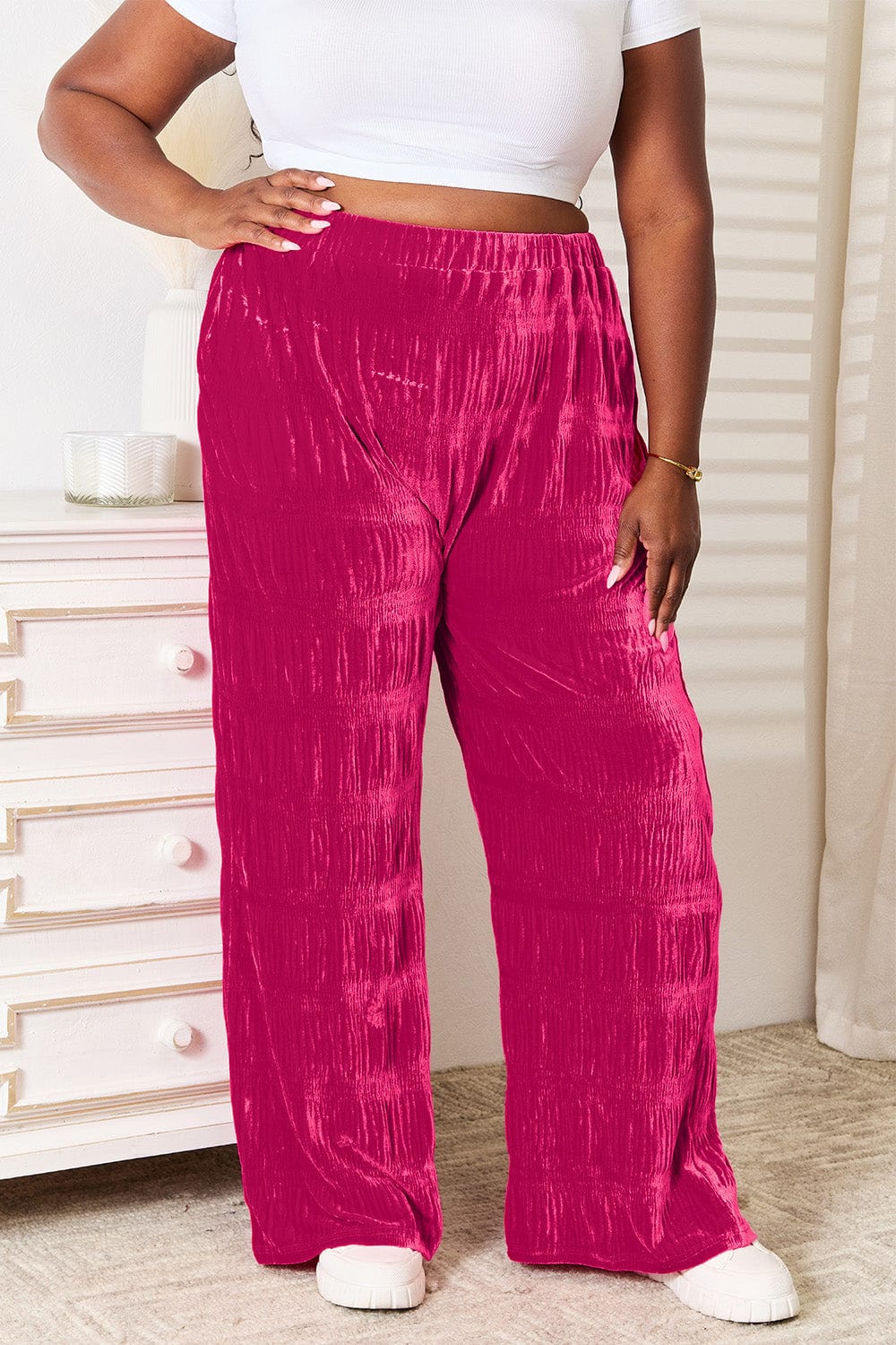 Trendsi Double Take Full Size High Waist Tiered Shirring Velvet Wide Leg Pants Double Take Full Size High Waist Tiered Shirring Velvet Wide Leg Pants