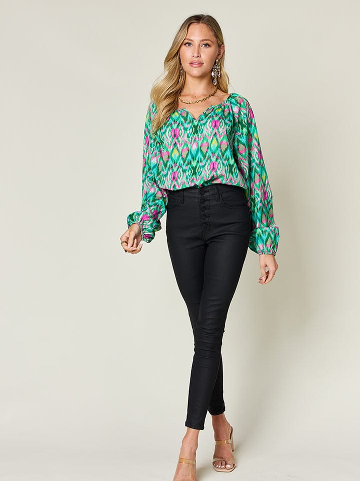 Trendsi Double Take Full Size Printed Balloon Sleeve Blouse Double Take Full Size Printed Balloon Sleeve Blouse