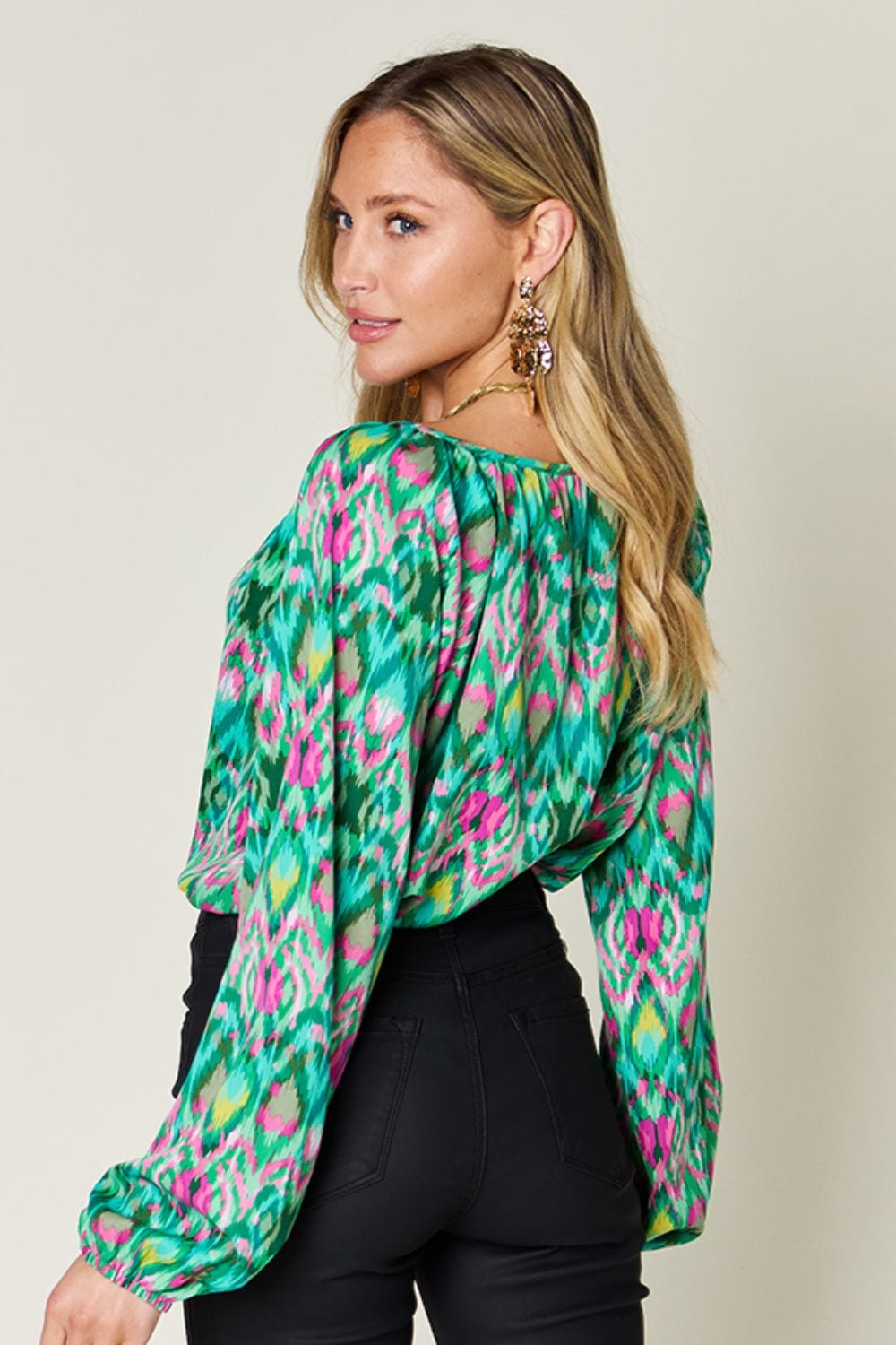 Trendsi Double Take Full Size Printed Balloon Sleeve Blouse Double Take Full Size Printed Balloon Sleeve Blouse