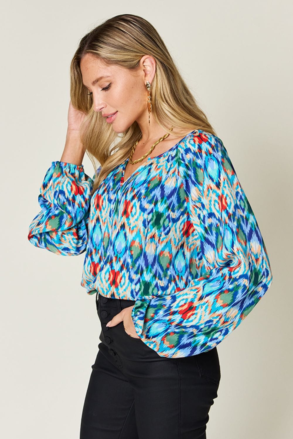 Trendsi Double Take Full Size Printed Balloon Sleeve Blouse Double Take Full Size Printed Balloon Sleeve Blouse