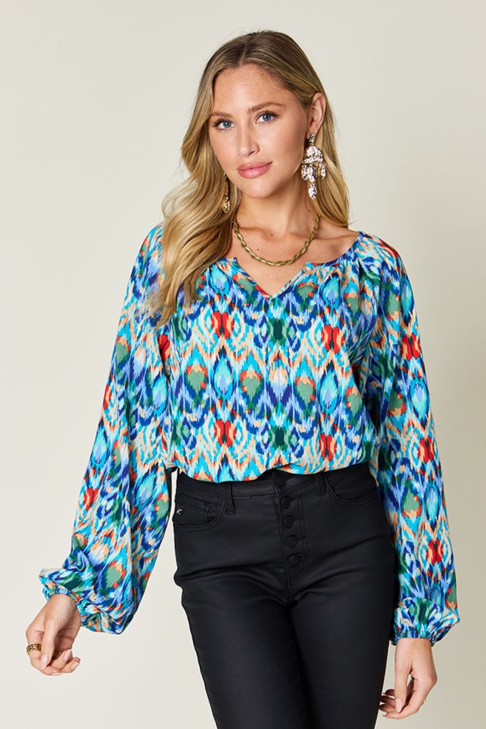 Trendsi Double Take Full Size Printed Balloon Sleeve Blouse Double Take Full Size Printed Balloon Sleeve Blouse