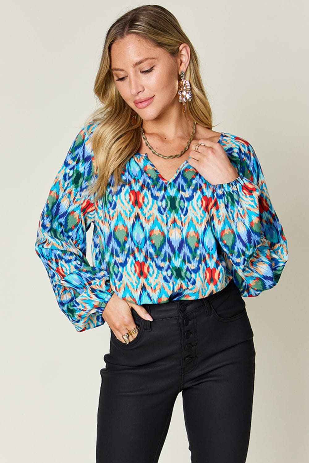 Trendsi Double Take Full Size Printed Balloon Sleeve Blouse Double Take Full Size Printed Balloon Sleeve Blouse