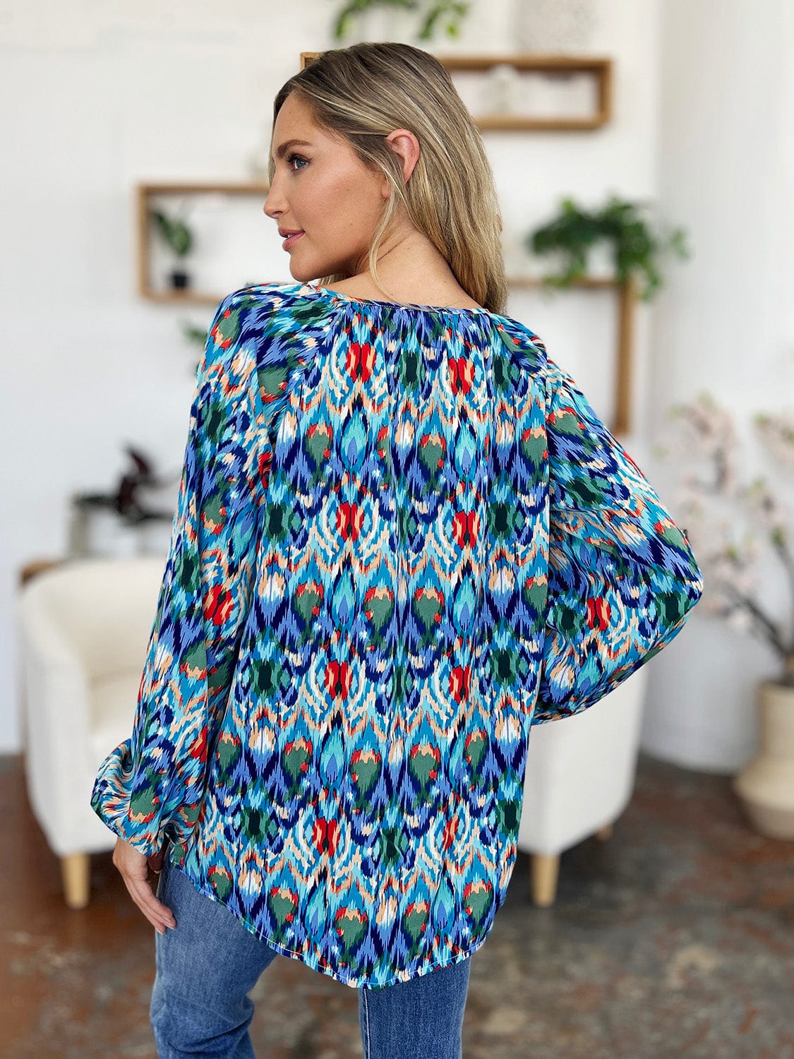 Trendsi Double Take Full Size Printed Balloon Sleeve Blouse Double Take Full Size Printed Balloon Sleeve Blouse