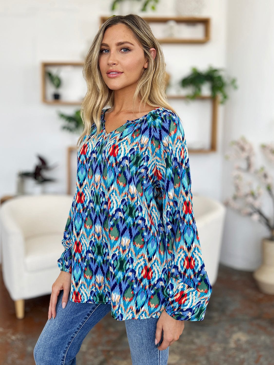 Trendsi Double Take Full Size Printed Balloon Sleeve Blouse Double Take Full Size Printed Balloon Sleeve Blouse