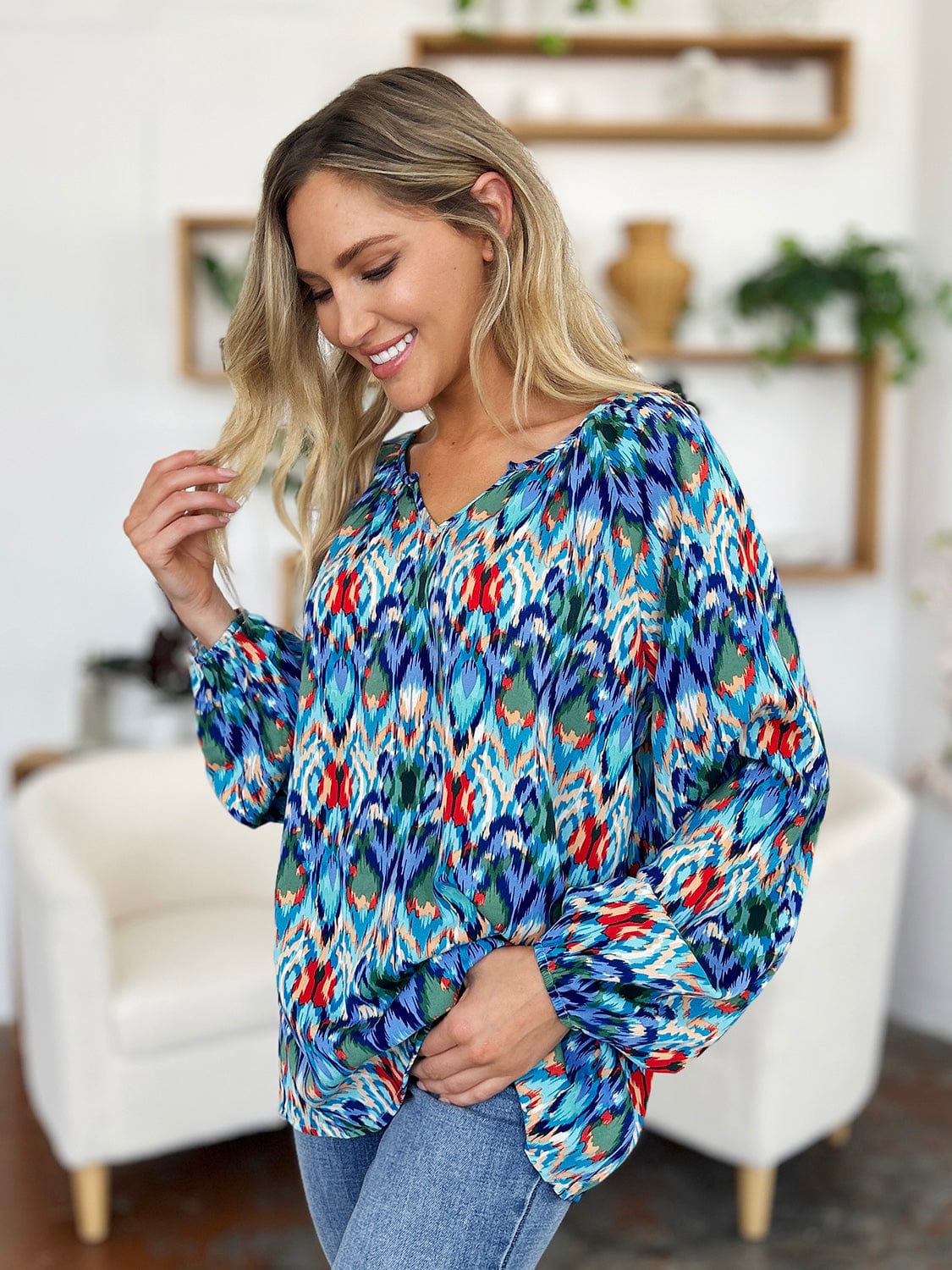 Trendsi Double Take Full Size Printed Balloon Sleeve Blouse Double Take Full Size Printed Balloon Sleeve Blouse