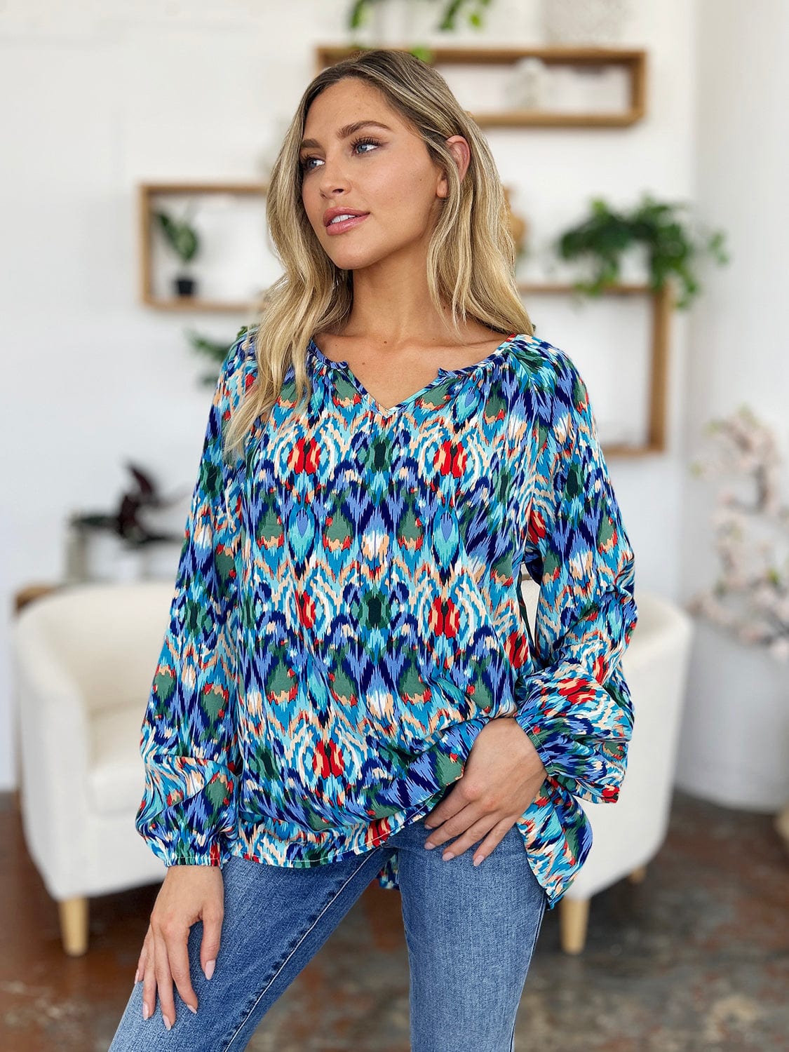 Trendsi Double Take Full Size Printed Balloon Sleeve Blouse Double Take Full Size Printed Balloon Sleeve Blouse
