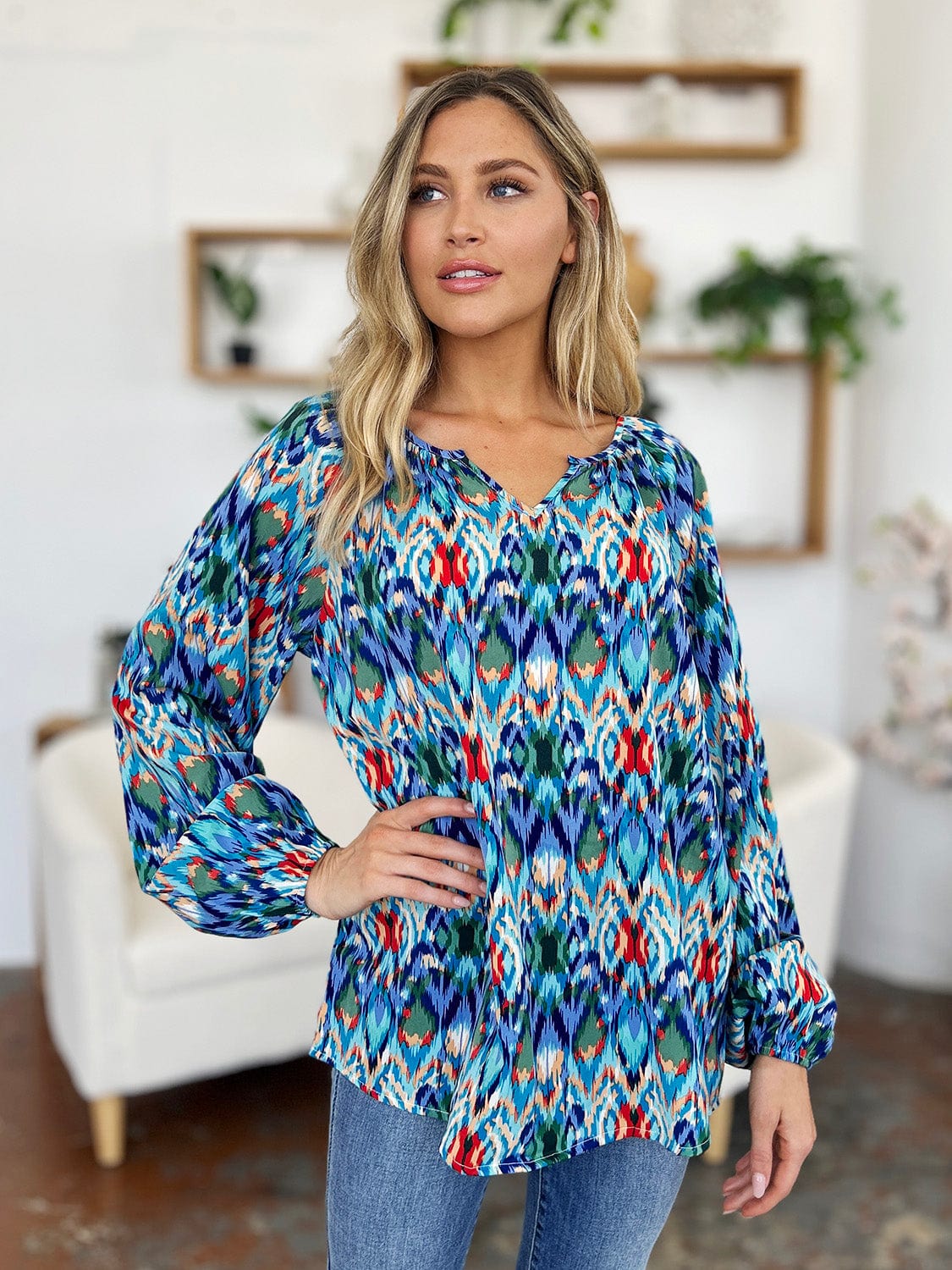 Trendsi Double Take Full Size Printed Balloon Sleeve Blouse Double Take Full Size Printed Balloon Sleeve Blouse