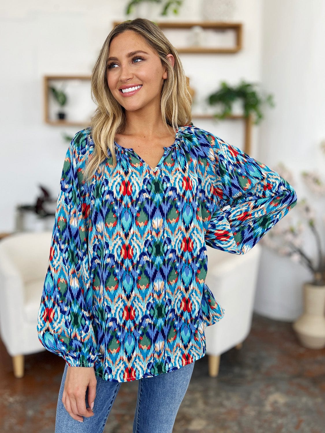 Trendsi Double Take Full Size Printed Balloon Sleeve Blouse Double Take Full Size Printed Balloon Sleeve Blouse