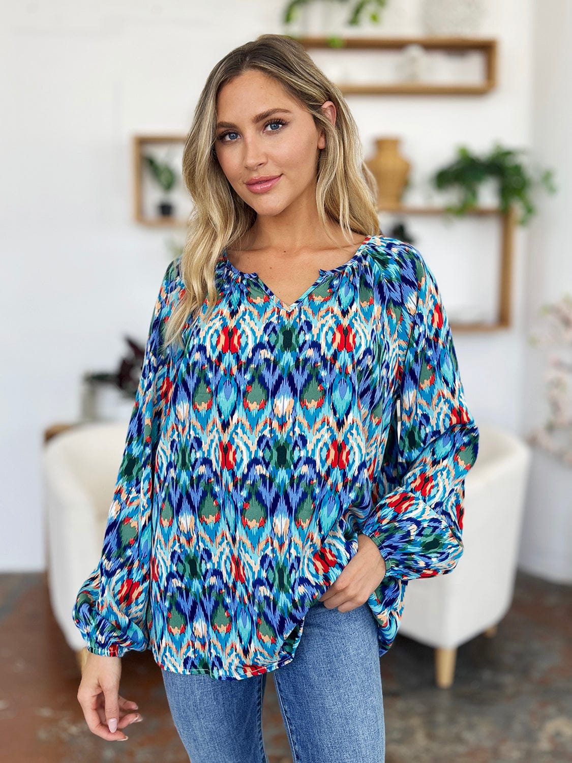 Trendsi Double Take Full Size Printed Balloon Sleeve Blouse Double Take Full Size Printed Balloon Sleeve Blouse