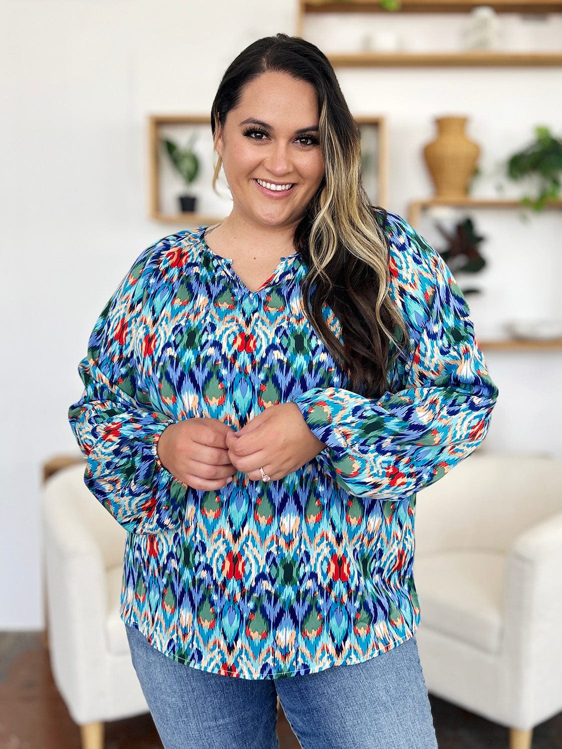 Trendsi Double Take Full Size Printed Balloon Sleeve Blouse Double Take Full Size Printed Balloon Sleeve Blouse