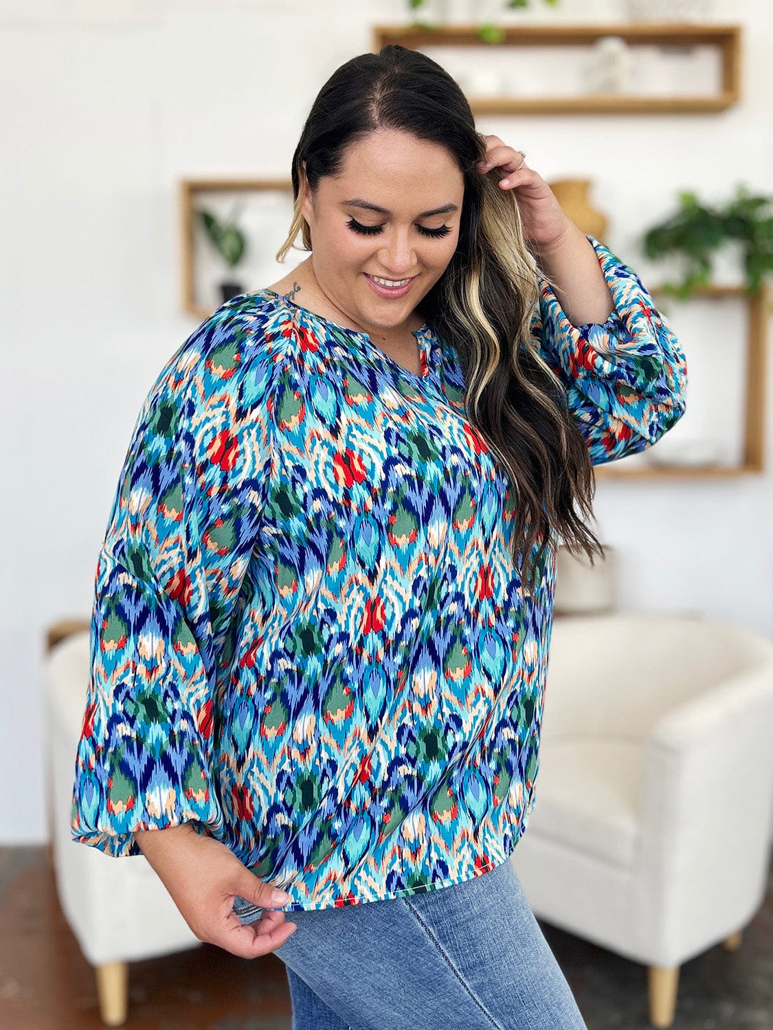 Trendsi Double Take Full Size Printed Balloon Sleeve Blouse Double Take Full Size Printed Balloon Sleeve Blouse