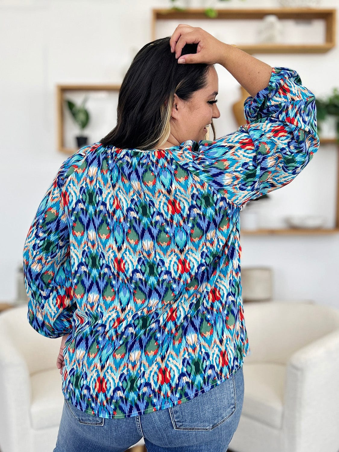 Trendsi Double Take Full Size Printed Balloon Sleeve Blouse Double Take Full Size Printed Balloon Sleeve Blouse