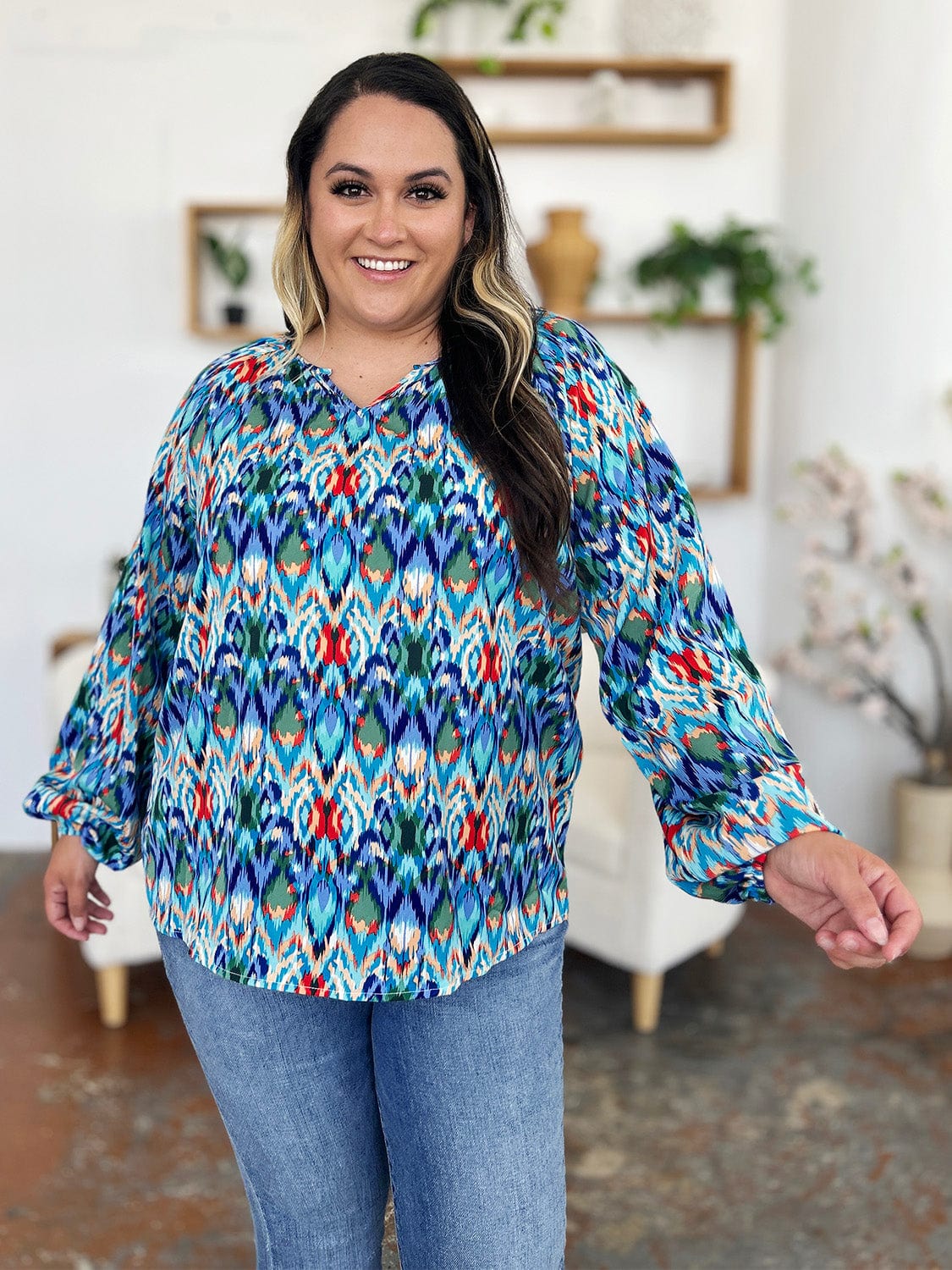 Trendsi Double Take Full Size Printed Balloon Sleeve Blouse Double Take Full Size Printed Balloon Sleeve Blouse