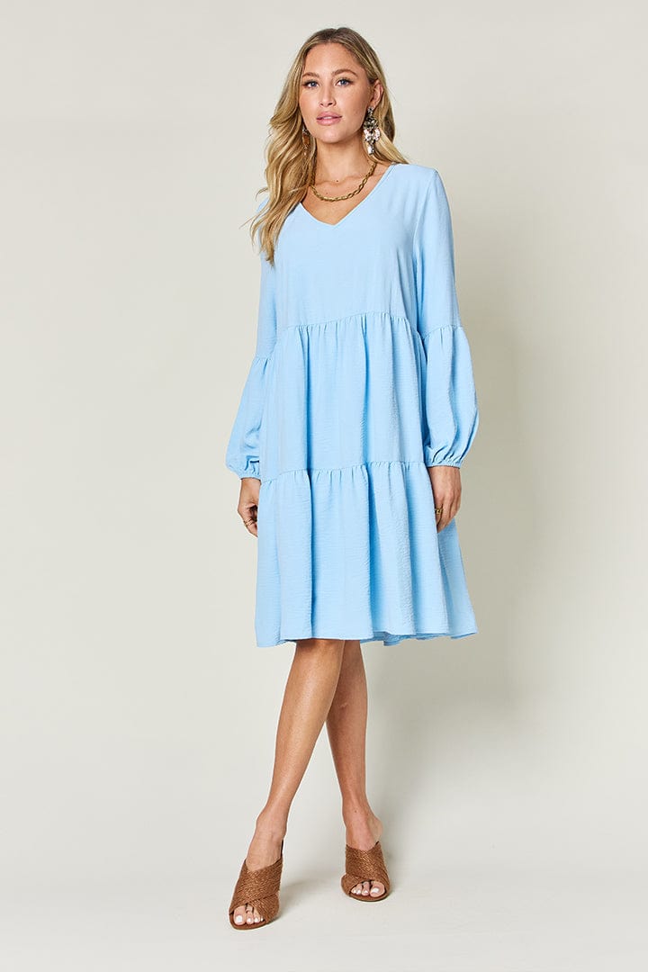 Trendsi Double Take Full Size V-Neck Balloon Sleeve Tiered Dress Double Take Full Size V-Neck Balloon Sleeve Tiered Dress