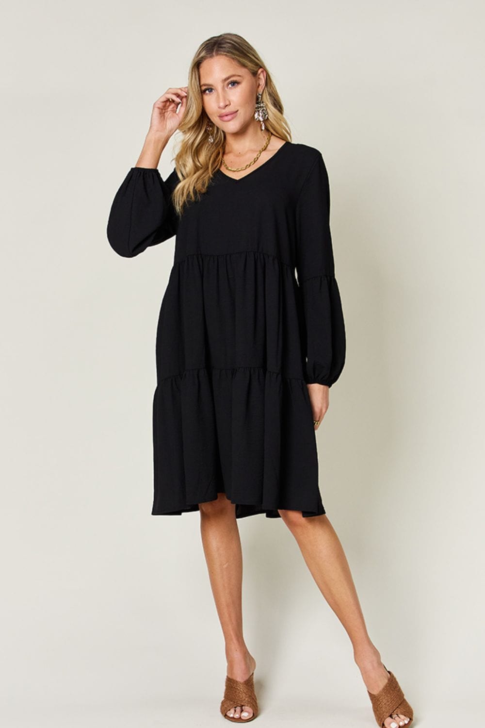 Trendsi Double Take Full Size V-Neck Balloon Sleeve Tiered Dress Double Take Full Size V-Neck Balloon Sleeve Tiered Dress