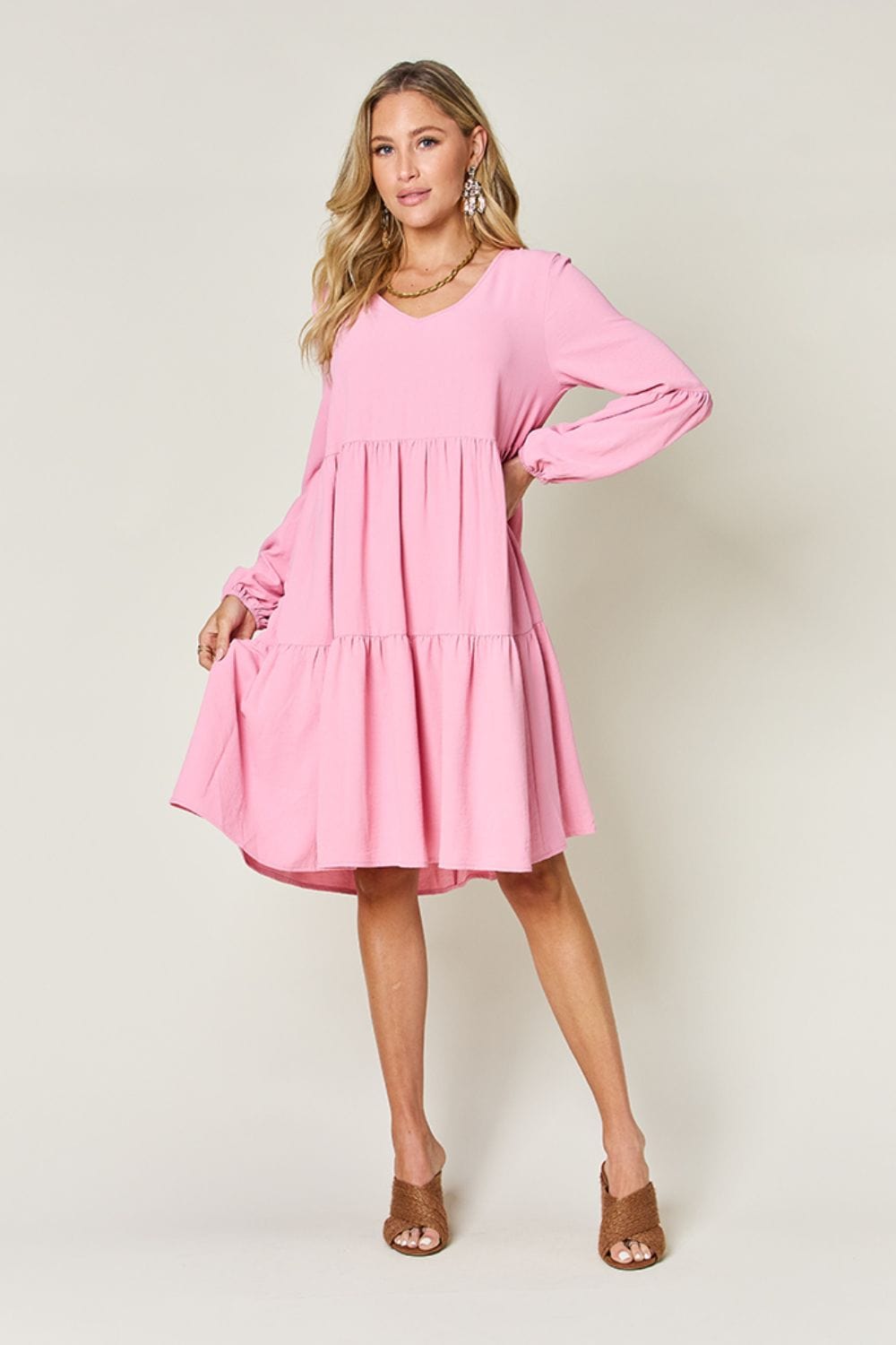 Trendsi Double Take Full Size V-Neck Balloon Sleeve Tiered Dress Double Take Full Size V-Neck Balloon Sleeve Tiered Dress