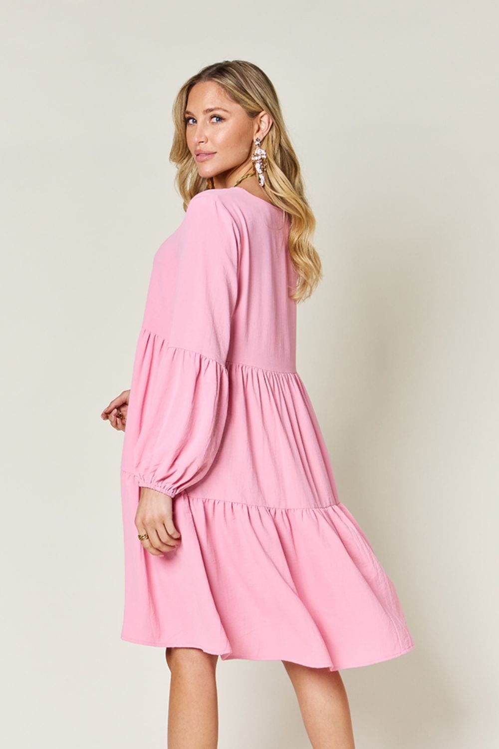 Trendsi Double Take Full Size V-Neck Balloon Sleeve Tiered Dress Double Take Full Size V-Neck Balloon Sleeve Tiered Dress