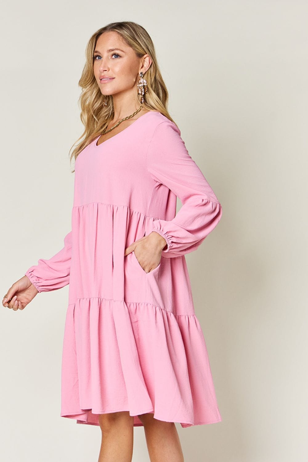 Trendsi Double Take Full Size V-Neck Balloon Sleeve Tiered Dress Double Take Full Size V-Neck Balloon Sleeve Tiered Dress