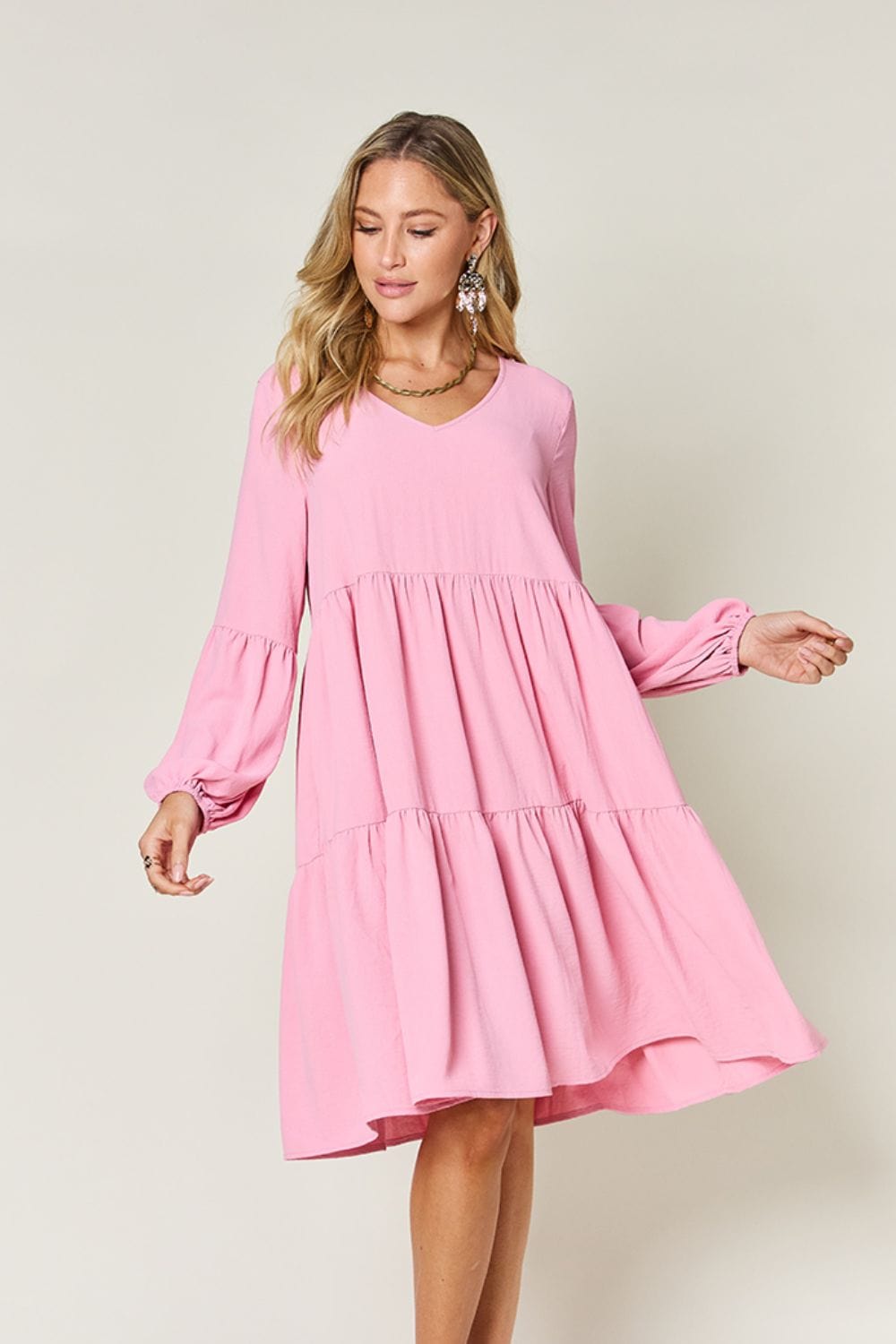 Trendsi Double Take Full Size V-Neck Balloon Sleeve Tiered Dress Double Take Full Size V-Neck Balloon Sleeve Tiered Dress