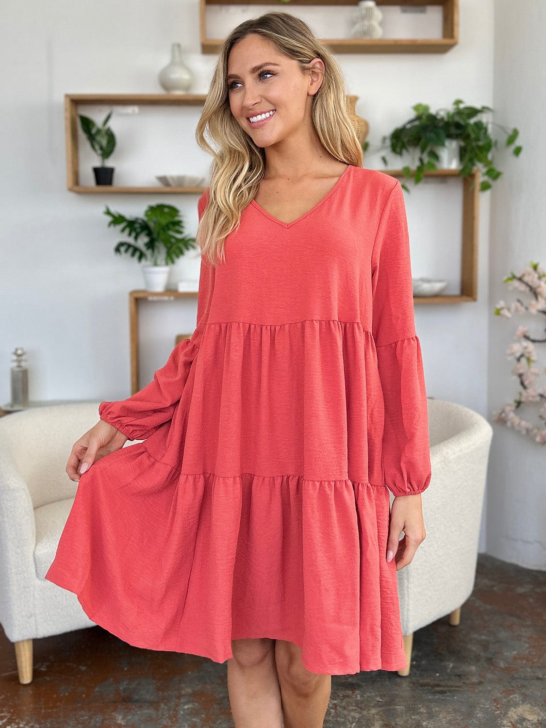 Trendsi Double Take Full Size V-Neck Balloon Sleeve Tiered Dress Double Take Full Size V-Neck Balloon Sleeve Tiered Dress