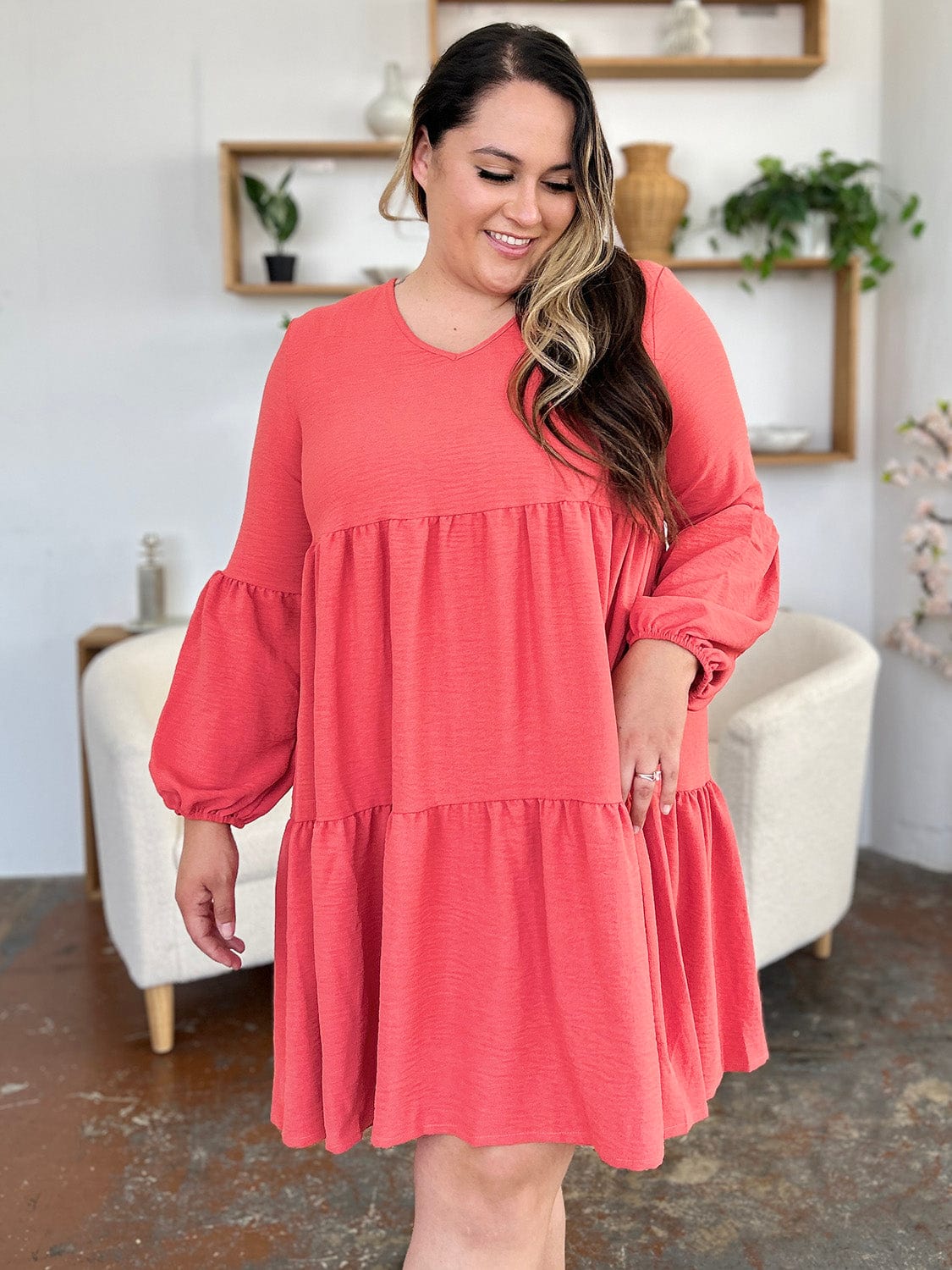 Trendsi Double Take Full Size V-Neck Balloon Sleeve Tiered Dress Double Take Full Size V-Neck Balloon Sleeve Tiered Dress