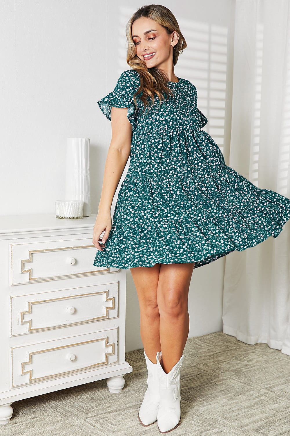 Trendsi Double Take Short Flounce Sleeve Tiered Dress Double Take Short Flounce Sleeve Tiered Dress