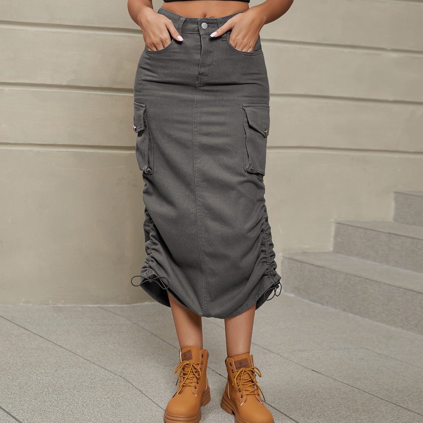 Trendsi Drawstring Ruched Slit Denim Midi Skirt Drawstring Ruched Slit Denim Midi Skirt