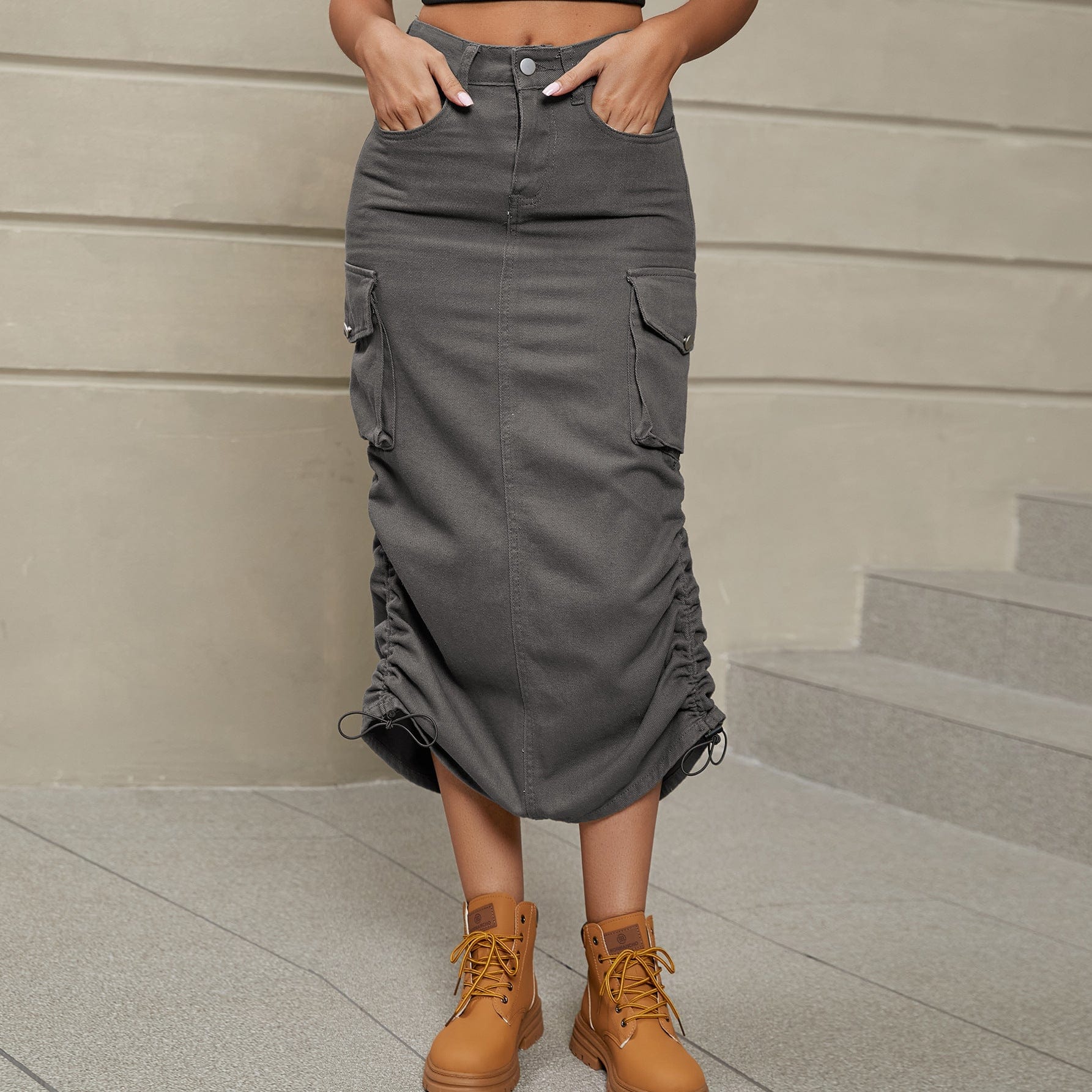 Trendsi Drawstring Ruched Slit Denim Midi Skirt Drawstring Ruched Slit Denim Midi Skirt