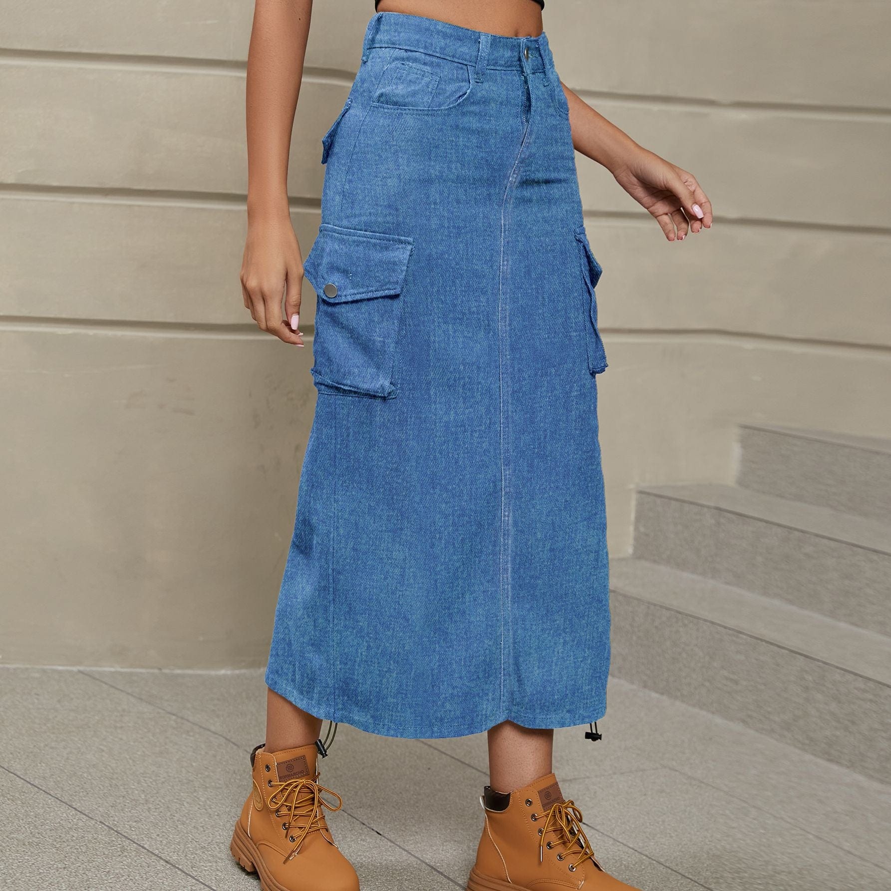 Trendsi Drawstring Ruched Slit Denim Midi Skirt Drawstring Ruched Slit Denim Midi Skirt