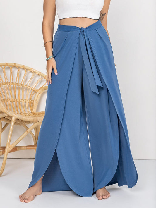 Trendsi Dusty  Blue / 0XL Plus Size Tied Slit Wide Leg Pants Plus Size Tied Slit Wide Leg Pants