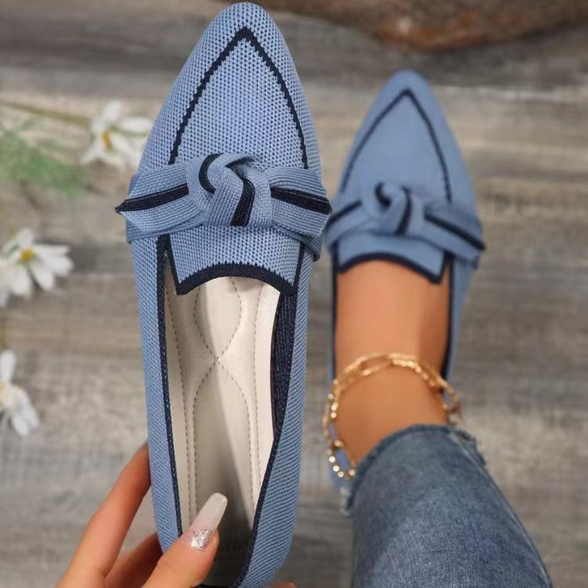Trendsi Dusty  Blue / 36(US5) Bow Contrast Trim Point Toe Loafers Bow Contrast Trim Point Toe Loafers